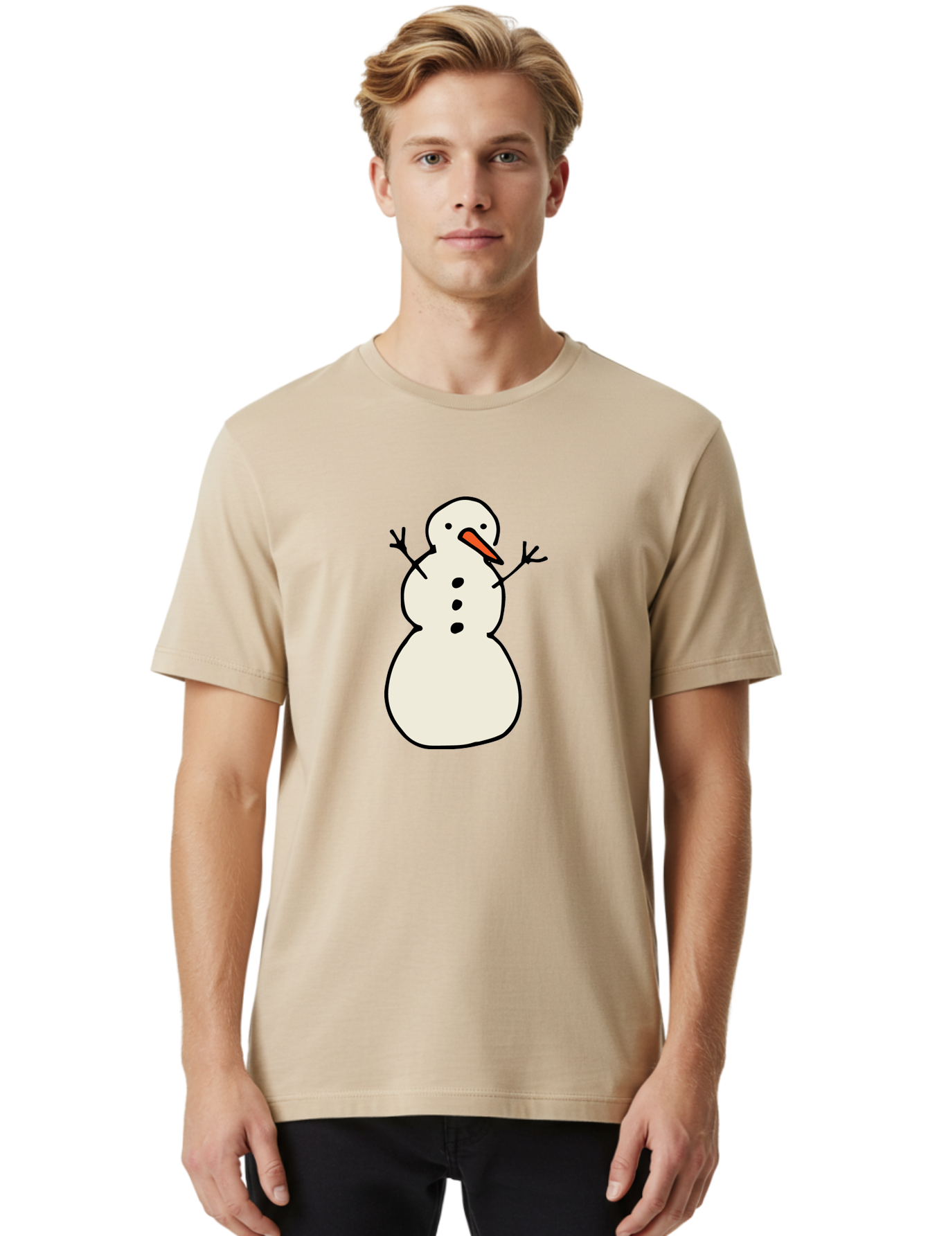 Snowman-1 Men'S Graphic Tee, 100% Cotton, Comfortable Casual Summer Wear, Machine Washable, Cartoon Snowman, White Snowman, Orange Nose, Black Dots, Winter Character, Festive Figure, Snowball Body, Simple Design, Cute Illustration, Aab124