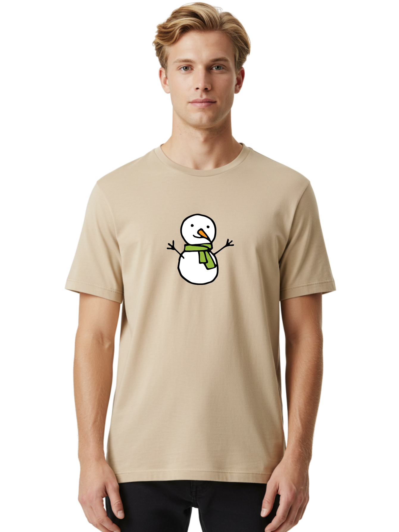 Snowman-4 Men'S Graphic Tee, 100% Cotton, Comfortable Casual Summer Wear, Machine Washable, Cartoon Snowman, Smiling Snowman, Winter Character, Green Scarf, Orange Nose, Friendly Snowman, Christmas Character, Digital Illustration, Aab127