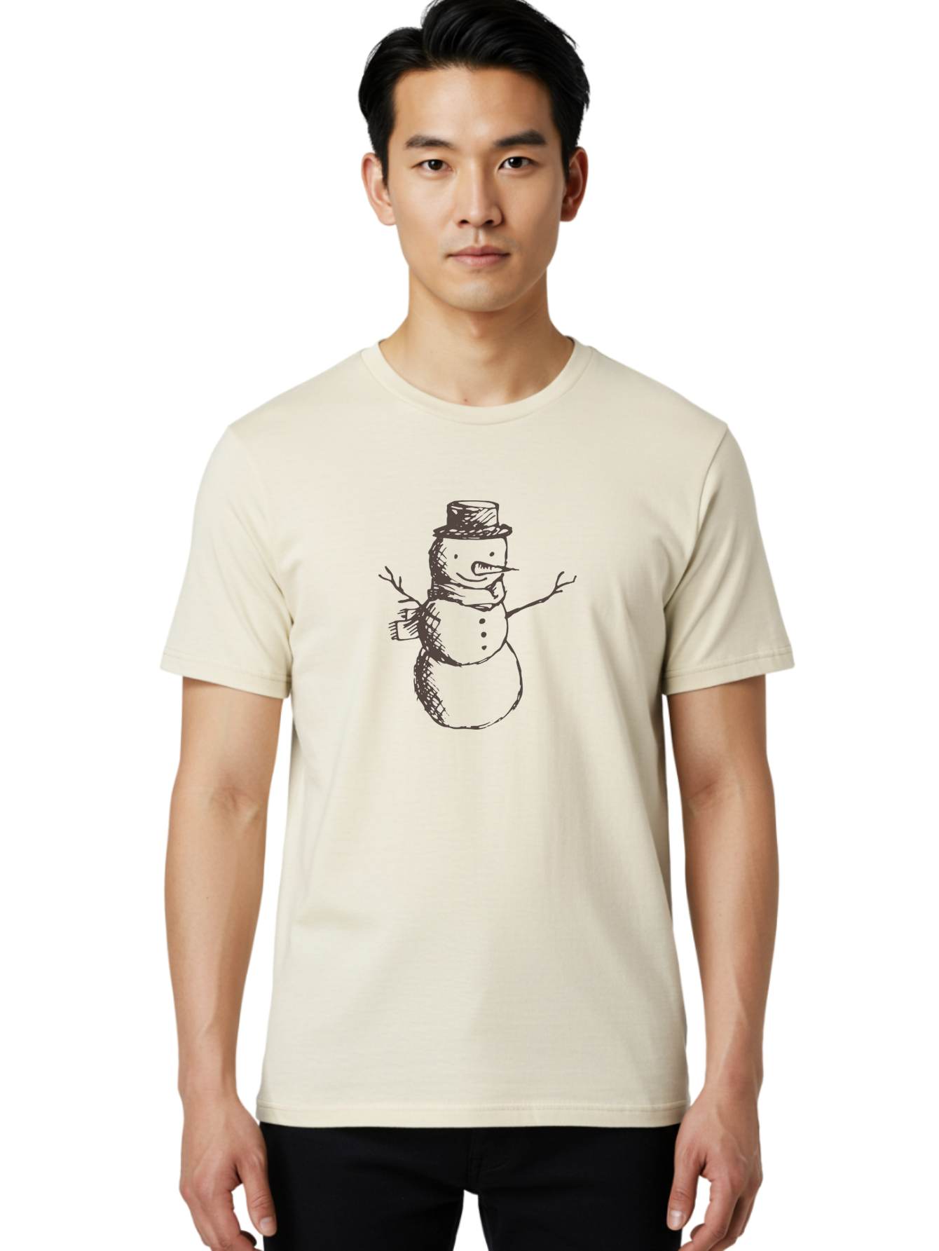 Snowman Men'S Graphic Tee, 100% Cotton, Comfortable Casual Summer Wear, Machine Washable, Hand Drawn Snowman, Winter Character, Festive Illustration, Christmas Theme, Snowman With Top Hat, Scarf And Branches, Cartoon Style, Simple Drawing, Aab128