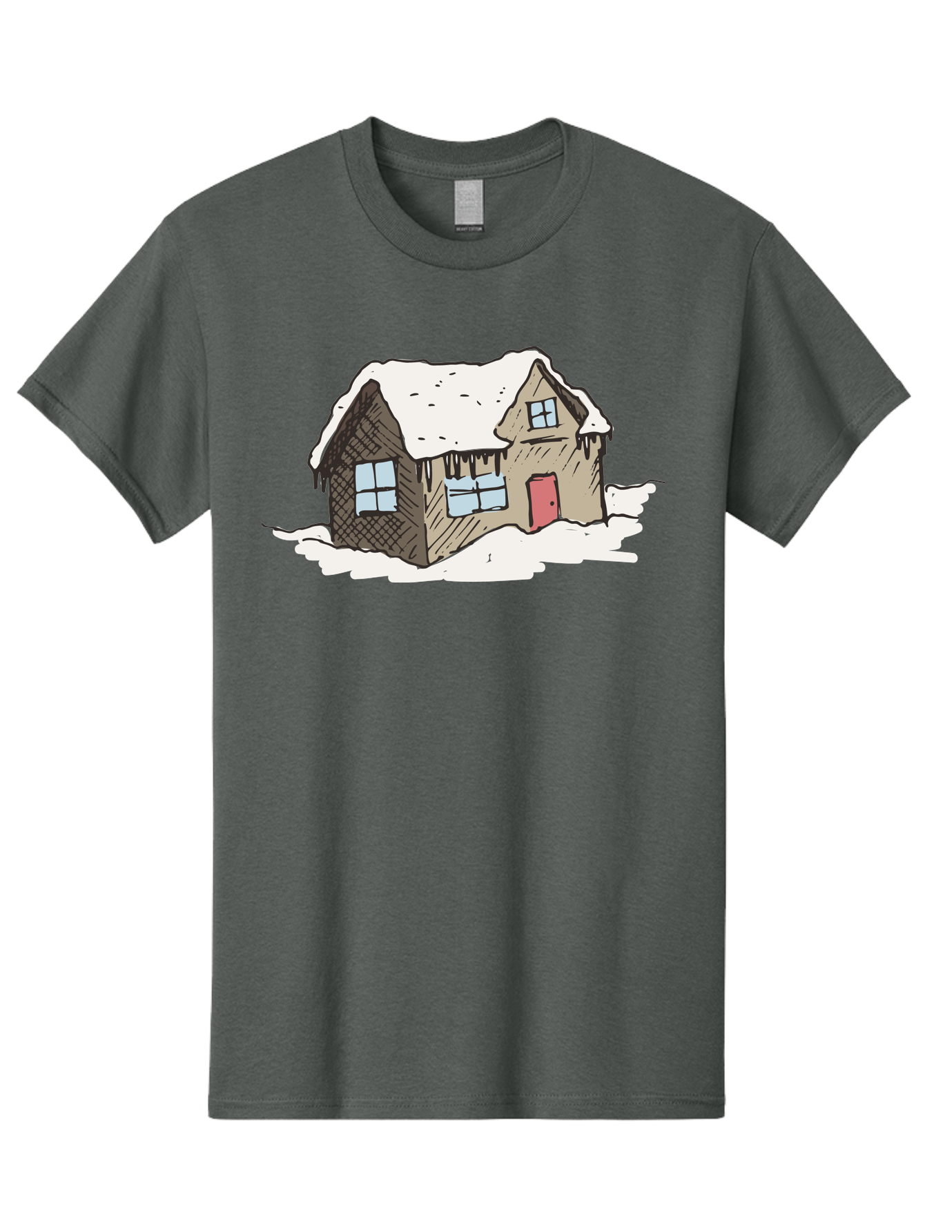 Snowy-House Men'S Graphic Tee, 100% Cotton, Comfortable Casual Summer Wear, Machine Washable, Cozy Winter Home, Snowy Cottage, Red Door, Icicles Hanging, Cold Weather, Winter Scenery, Snow-Covered Roof, Traditional House, Frosty Atmosphere Aab129