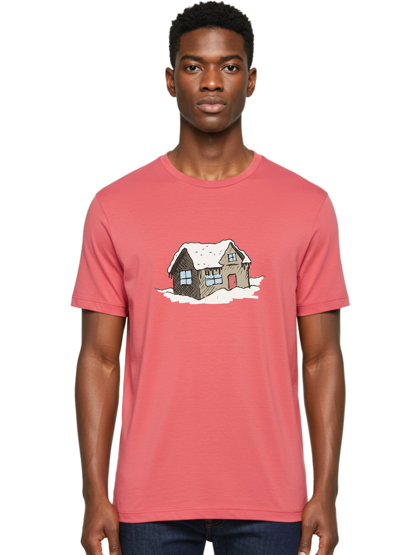 Snowy-House Men'S Graphic Tee, 100% Cotton, Comfortable Casual Summer Wear, Machine Washable, Cozy Winter Home, Snowy Cottage, Red Door, Icicles Hanging, Cold Weather, Winter Scenery, Snow-Covered Roof, Traditional House, Frosty Atmosphere Aab129