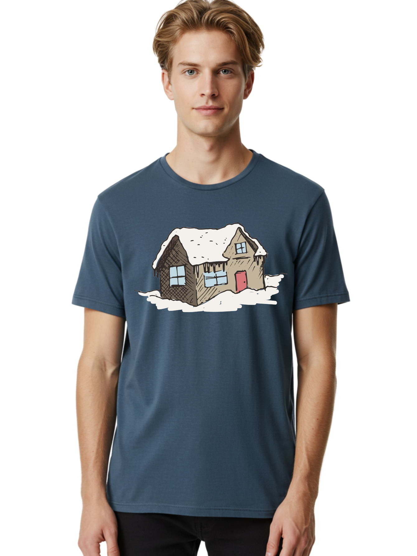 Snowy-House Men'S Graphic Tee, 100% Cotton, Comfortable Casual Summer Wear, Machine Washable, Cozy Winter Home, Snowy Cottage, Red Door, Icicles Hanging, Cold Weather, Winter Scenery, Snow-Covered Roof, Traditional House, Frosty Atmosphere Aab129