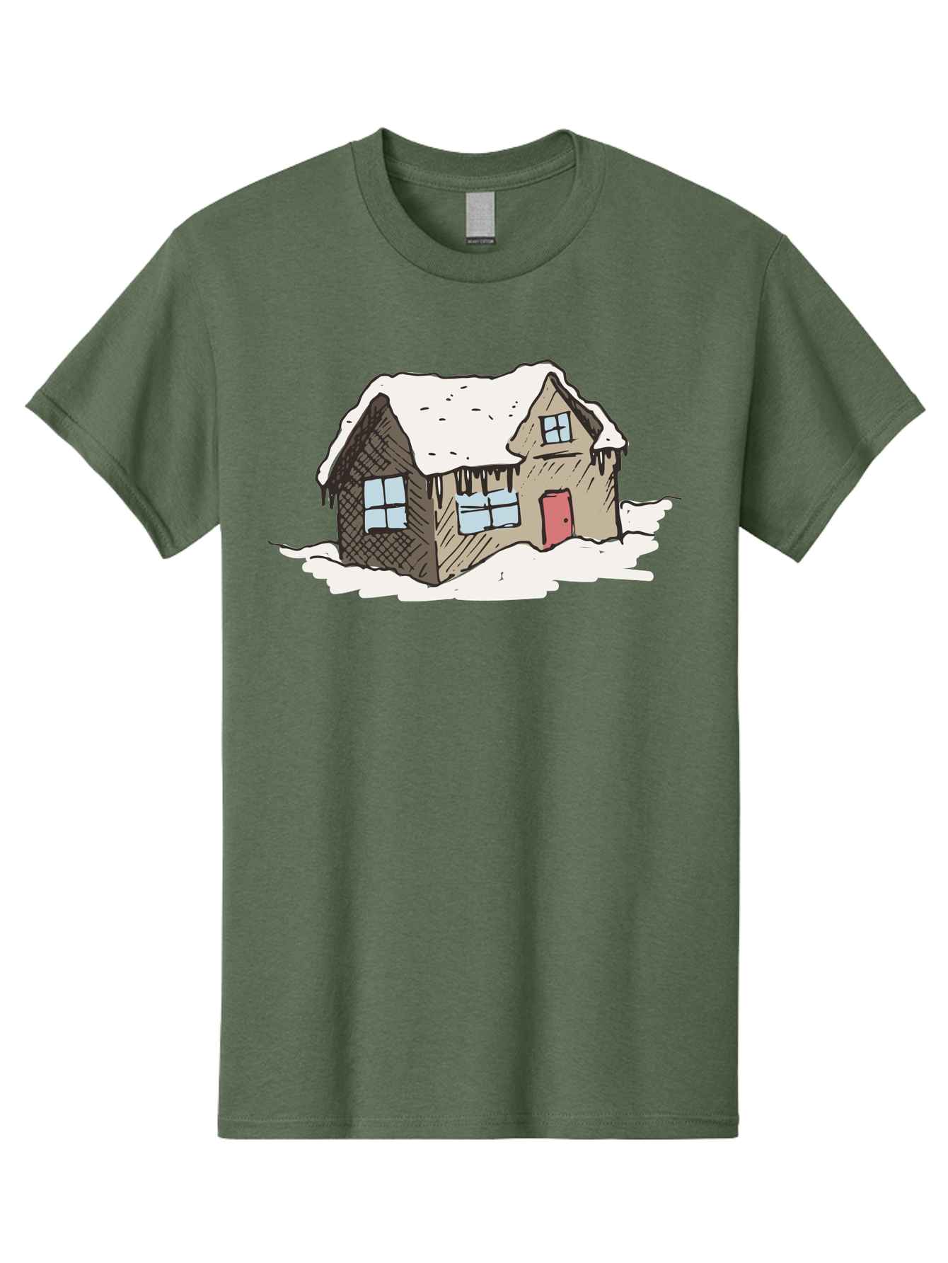 Snowy-House Men'S Graphic Tee, 100% Cotton, Comfortable Casual Summer Wear, Machine Washable, Cozy Winter Home, Snowy Cottage, Red Door, Icicles Hanging, Cold Weather, Winter Scenery, Snow-Covered Roof, Traditional House, Frosty Atmosphere Aab129