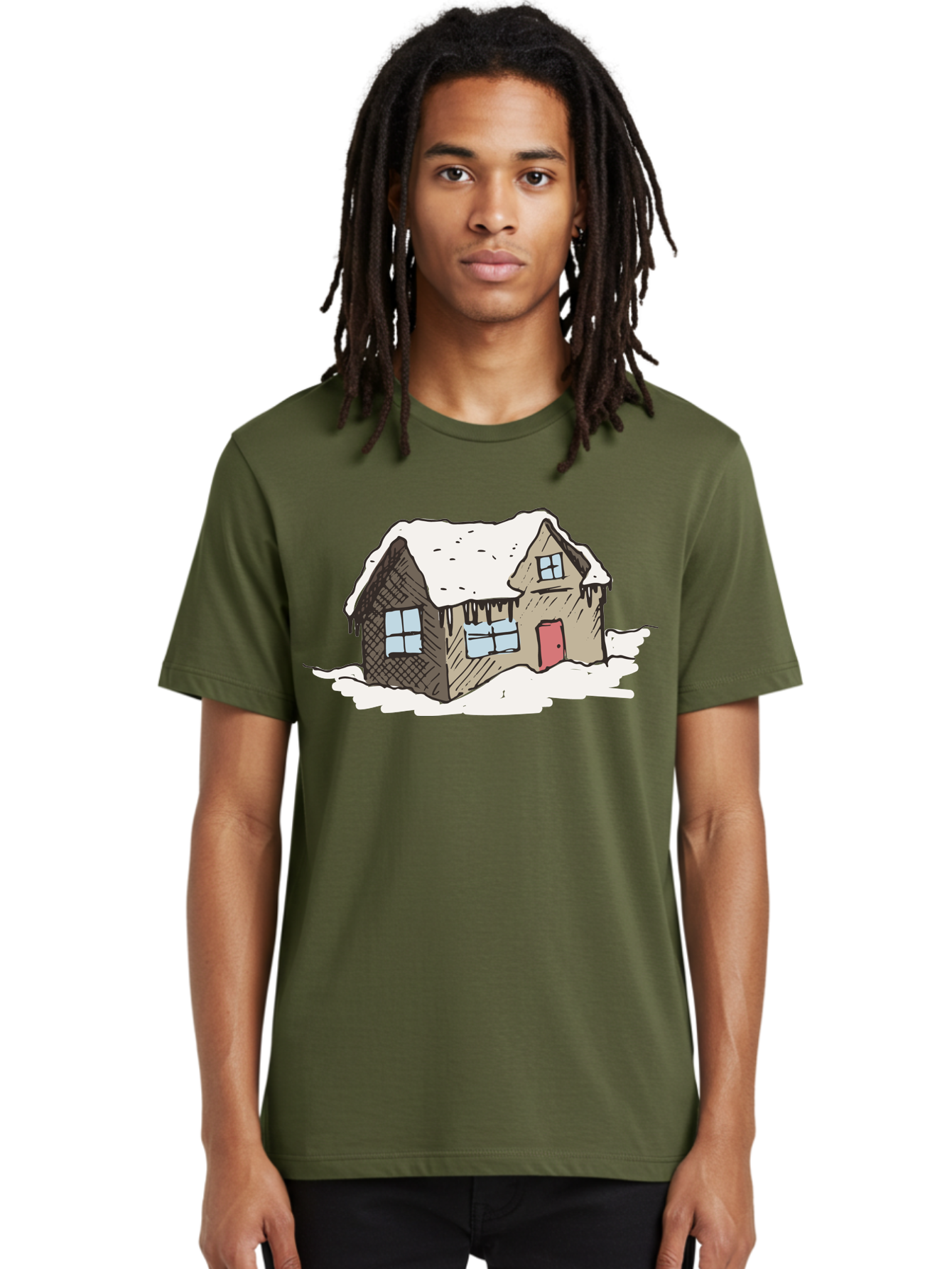 Snowy-House Men'S Graphic Tee, 100% Cotton, Comfortable Casual Summer Wear, Machine Washable, Cozy Winter Home, Snowy Cottage, Red Door, Icicles Hanging, Cold Weather, Winter Scenery, Snow-Covered Roof, Traditional House, Frosty Atmosphere Aab129