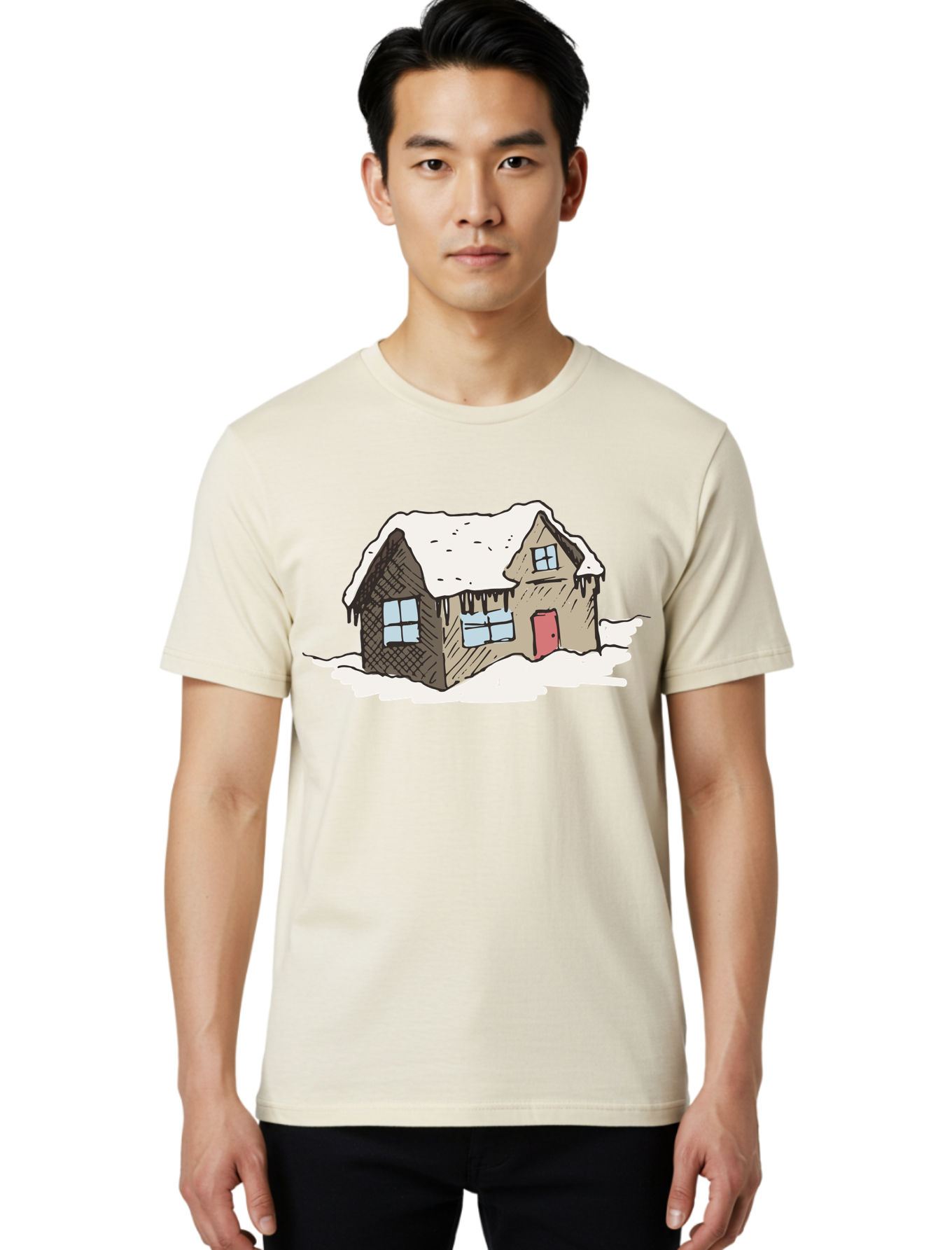 Snowy-House Men'S Graphic Tee, 100% Cotton, Comfortable Casual Summer Wear, Machine Washable, Cozy Winter Home, Snowy Cottage, Red Door, Icicles Hanging, Cold Weather, Winter Scenery, Snow-Covered Roof, Traditional House, Frosty Atmosphere Aab129