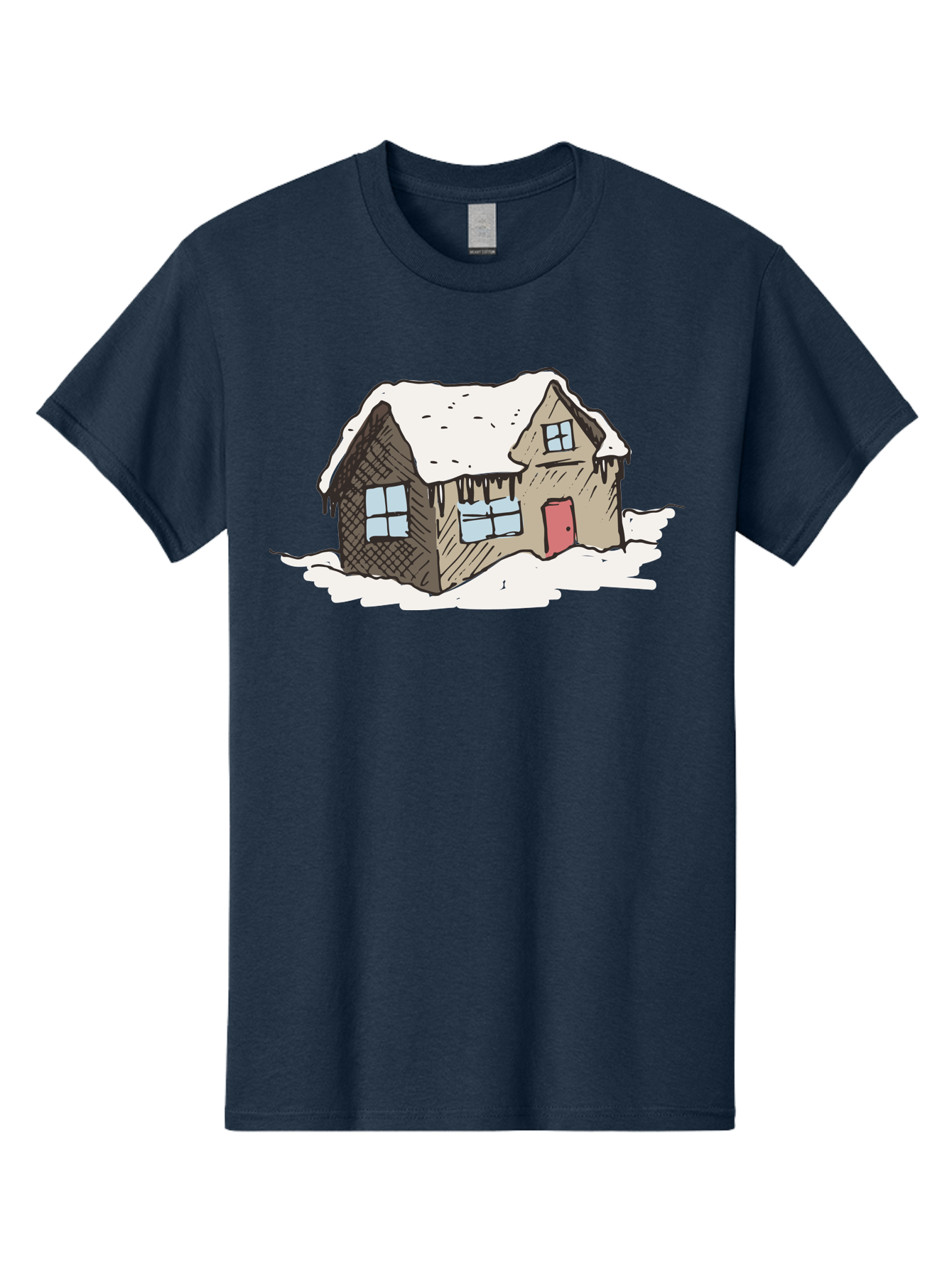 Snowy-House Men'S Graphic Tee, 100% Cotton, Comfortable Casual Summer Wear, Machine Washable, Cozy Winter Home, Snowy Cottage, Red Door, Icicles Hanging, Cold Weather, Winter Scenery, Snow-Covered Roof, Traditional House, Frosty Atmosphere Aab129