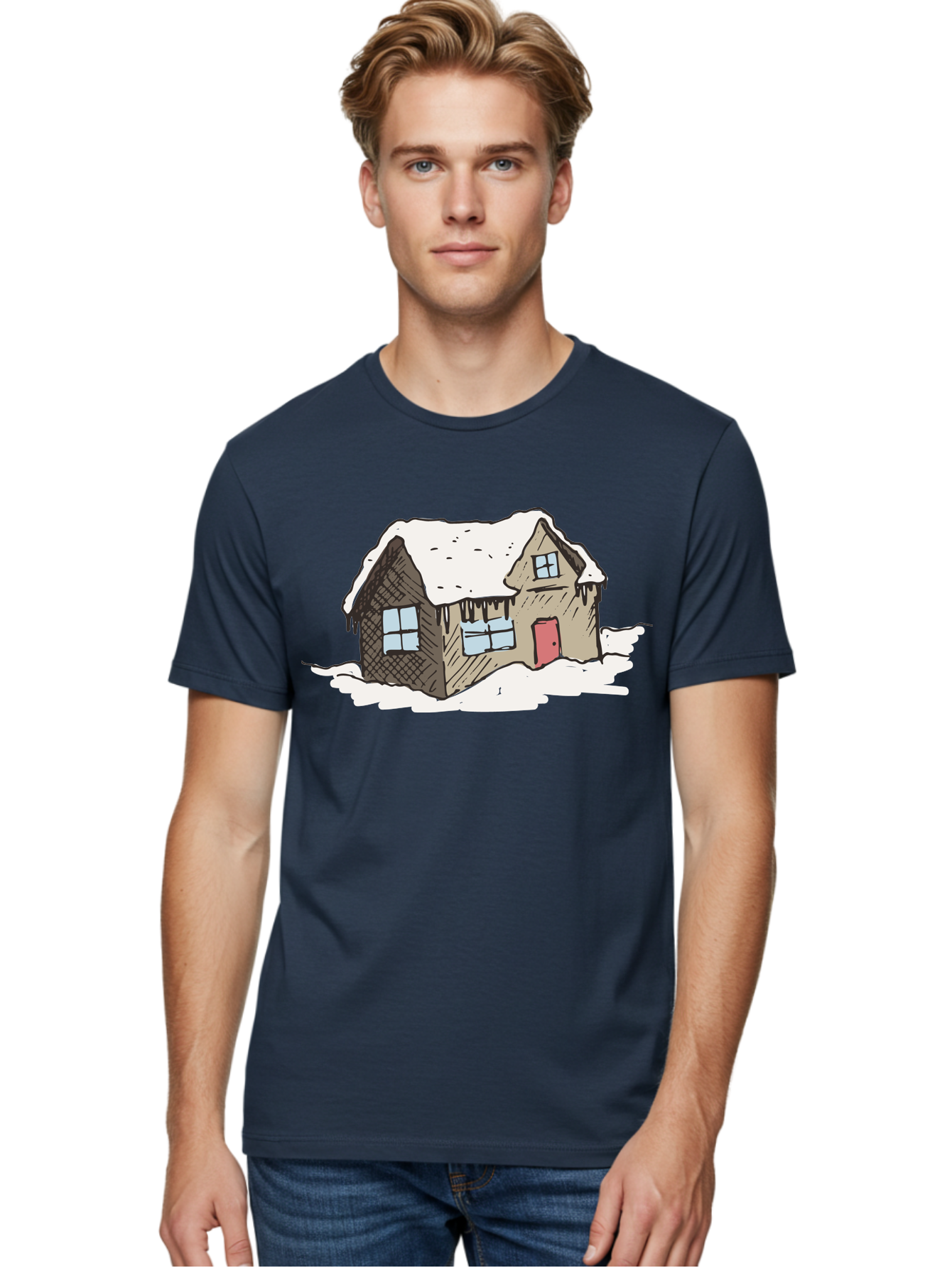 Snowy-House Men'S Graphic Tee, 100% Cotton, Comfortable Casual Summer Wear, Machine Washable, Cozy Winter Home, Snowy Cottage, Red Door, Icicles Hanging, Cold Weather, Winter Scenery, Snow-Covered Roof, Traditional House, Frosty Atmosphere Aab129