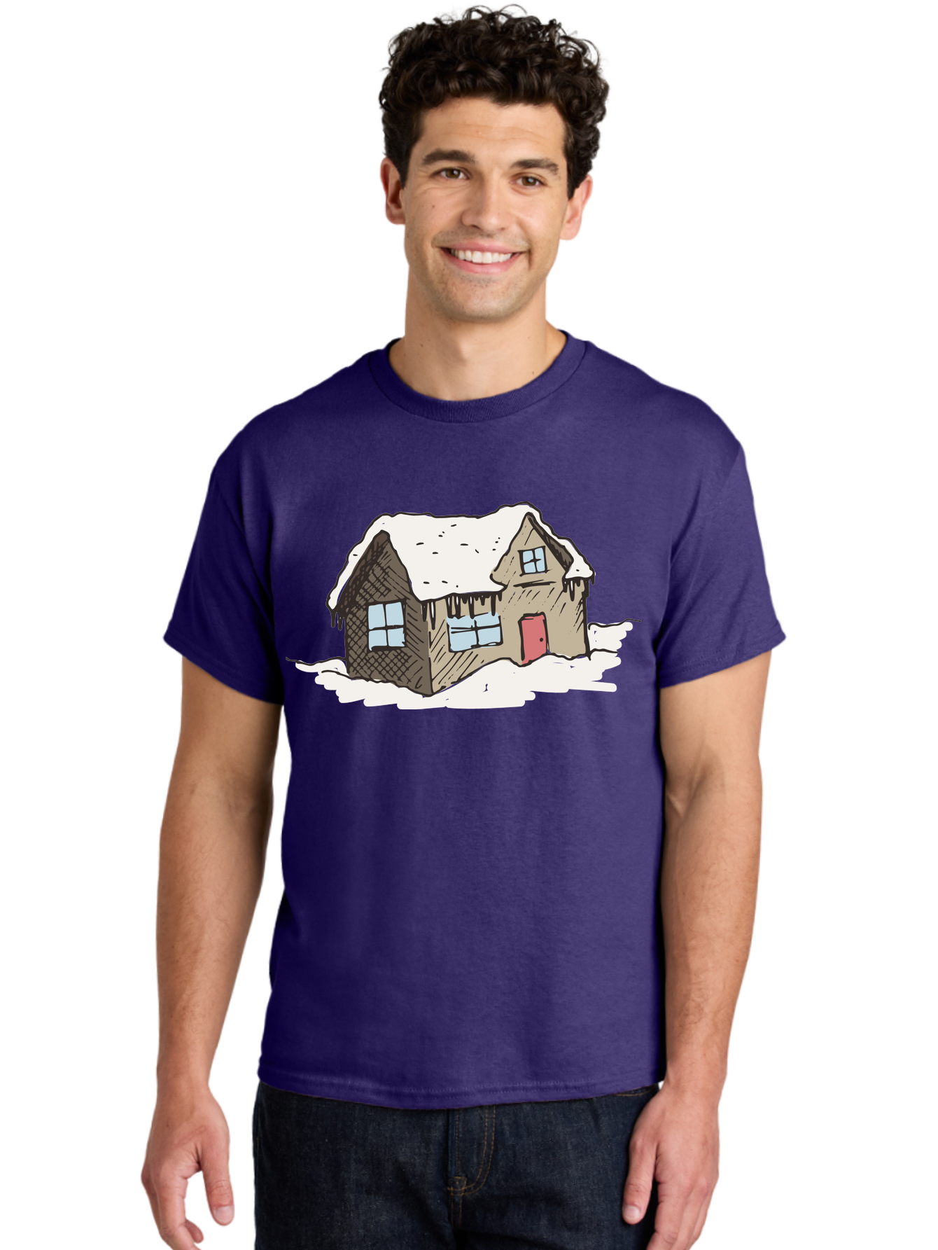 Snowy-House Men'S Graphic Tee, 100% Cotton, Comfortable Casual Summer Wear, Machine Washable, Cozy Winter Home, Snowy Cottage, Red Door, Icicles Hanging, Cold Weather, Winter Scenery, Snow-Covered Roof, Traditional House, Frosty Atmosphere Aab129