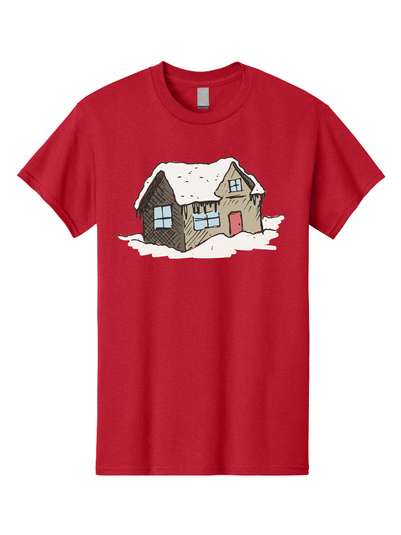 Snowy-House Men'S Graphic Tee, 100% Cotton, Comfortable Casual Summer Wear, Machine Washable, Cozy Winter Home, Snowy Cottage, Red Door, Icicles Hanging, Cold Weather, Winter Scenery, Snow-Covered Roof, Traditional House, Frosty Atmosphere Aab129