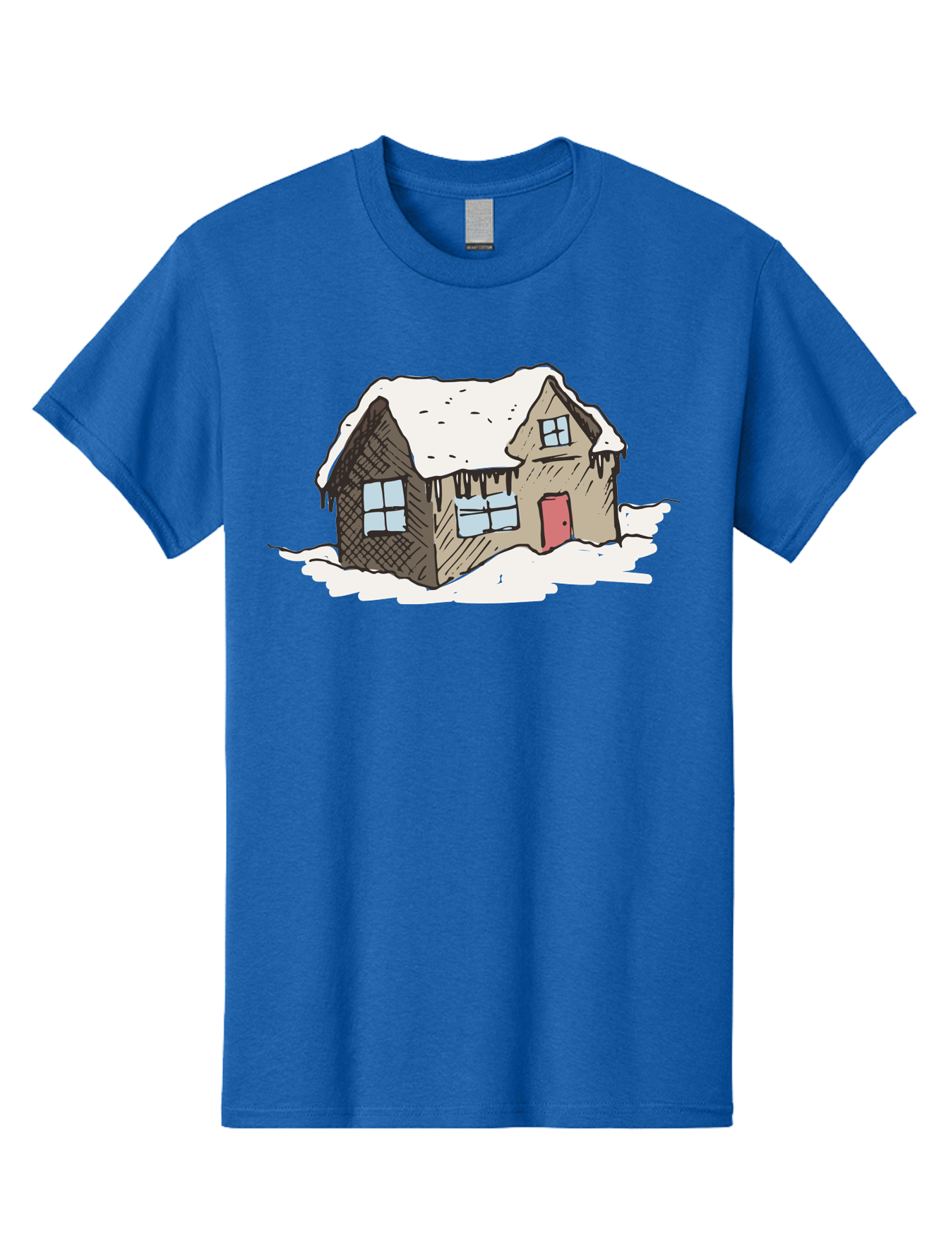 Snowy-House Men'S Graphic Tee, 100% Cotton, Comfortable Casual Summer Wear, Machine Washable, Cozy Winter Home, Snowy Cottage, Red Door, Icicles Hanging, Cold Weather, Winter Scenery, Snow-Covered Roof, Traditional House, Frosty Atmosphere Aab129