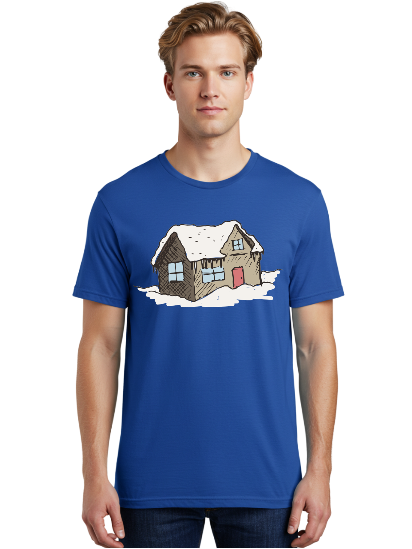Snowy-House Men'S Graphic Tee, 100% Cotton, Comfortable Casual Summer Wear, Machine Washable, Cozy Winter Home, Snowy Cottage, Red Door, Icicles Hanging, Cold Weather, Winter Scenery, Snow-Covered Roof, Traditional House, Frosty Atmosphere Aab129