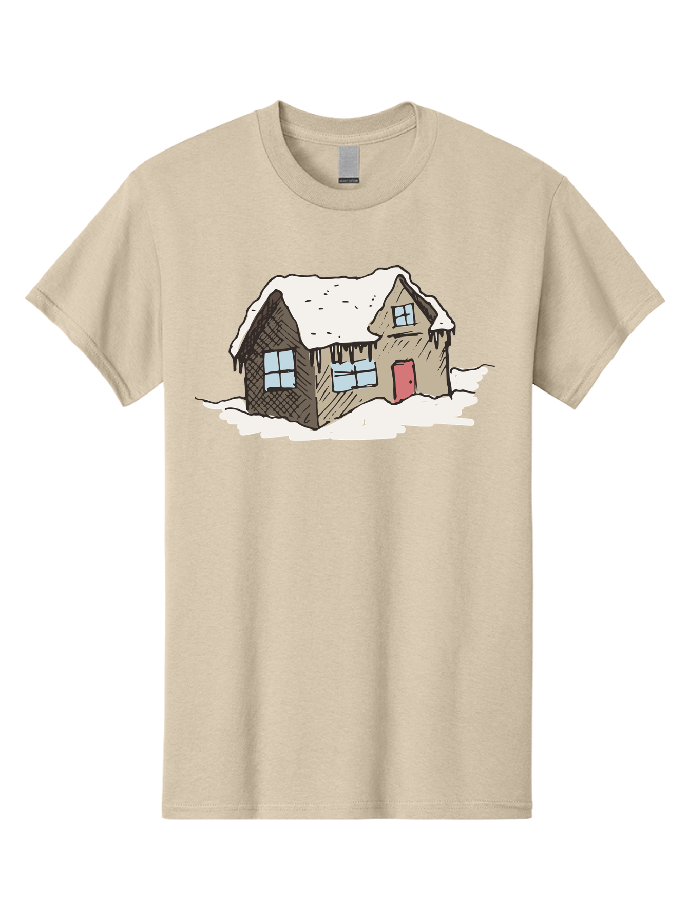 Snowy-House Men'S Graphic Tee, 100% Cotton, Comfortable Casual Summer Wear, Machine Washable, Cozy Winter Home, Snowy Cottage, Red Door, Icicles Hanging, Cold Weather, Winter Scenery, Snow-Covered Roof, Traditional House, Frosty Atmosphere Aab129