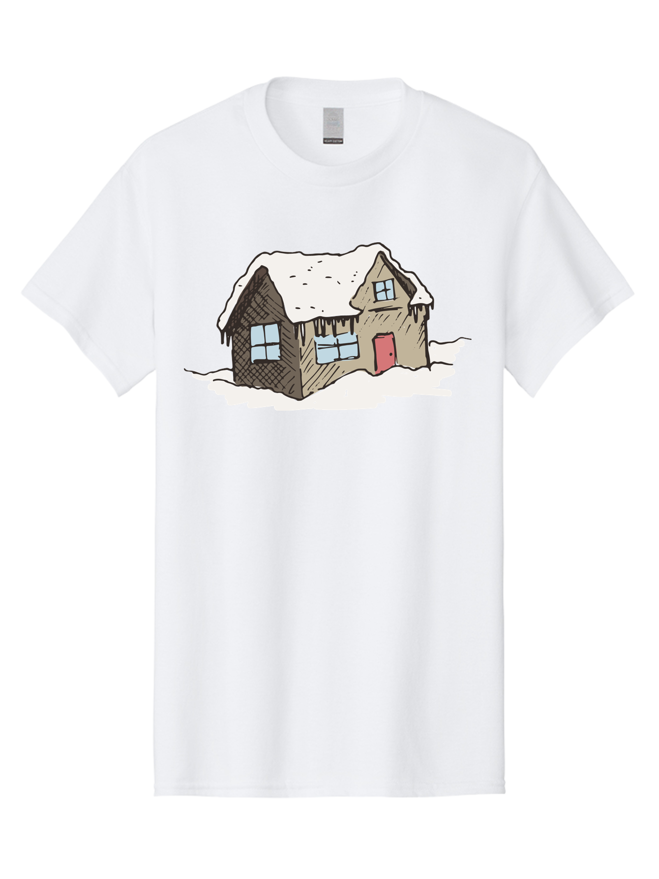 Snowy-House Men'S Graphic Tee, 100% Cotton, Comfortable Casual Summer Wear, Machine Washable, Cozy Winter Home, Snowy Cottage, Red Door, Icicles Hanging, Cold Weather, Winter Scenery, Snow-Covered Roof, Traditional House, Frosty Atmosphere Aab129