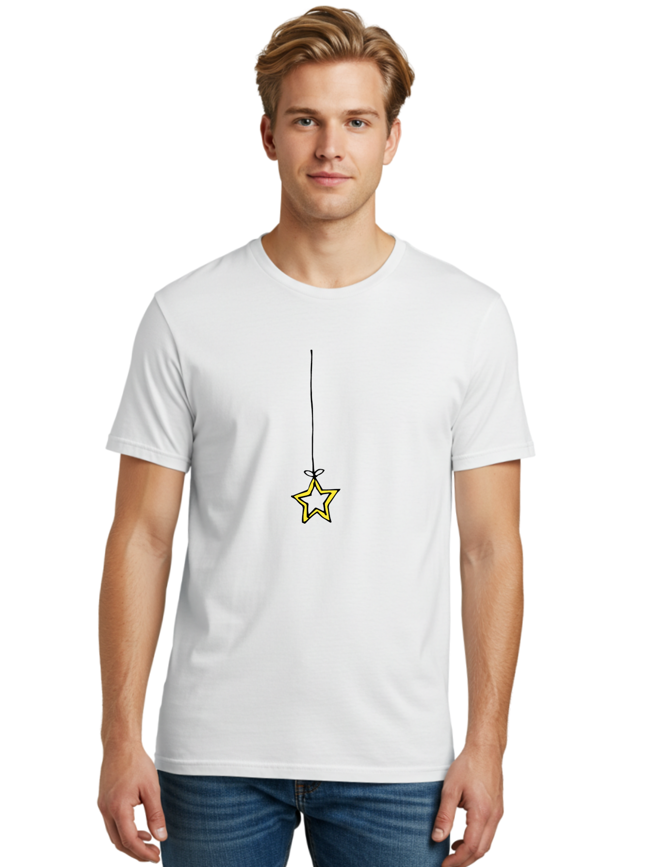 Star-Hanging-On-A-String Men'S Graphic Tee, 100% Cotton, Comfortable Casual Summer Wear, Machine Washable, Yellow Star, Hanging Star, Festive Decoration, Cartoon Style, Holiday Theme, Star Symbol, Decoration Idea, Minimalist Design, Aab133