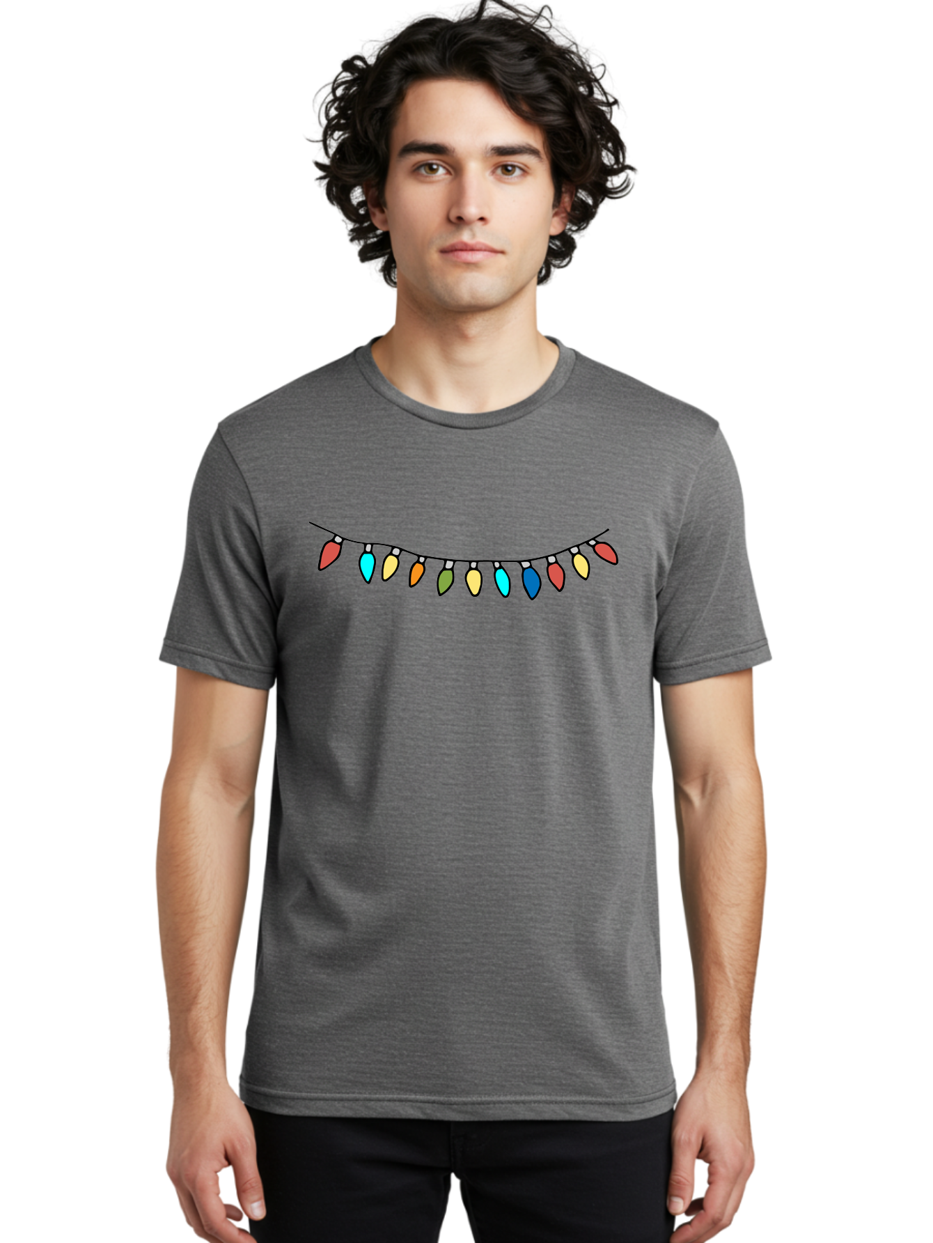 String-Lights Men'S Graphic Tee, 100% Cotton, Comfortable Casual Summer Wear, Machine Washable, String Of Christmas Lights, Festive Decorations, Holiday Decor, Colorful Lights, Christmas Celebration, Winter Wonderland, Festive Atmosphere Aab139