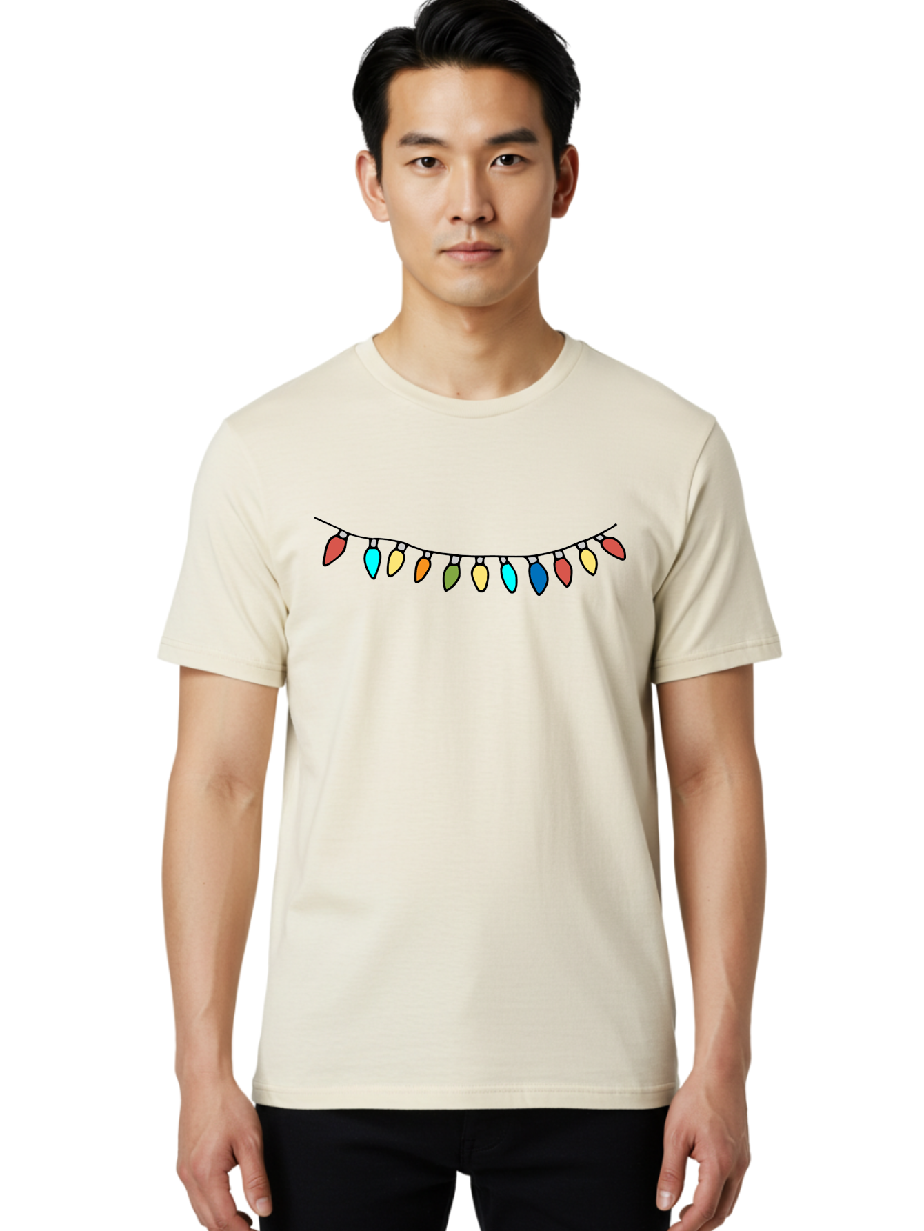 String-Lights Men'S Graphic Tee, 100% Cotton, Comfortable Casual Summer Wear, Machine Washable, String Of Christmas Lights, Festive Decorations, Holiday Decor, Colorful Lights, Christmas Celebration, Winter Wonderland, Festive Atmosphere Aab139