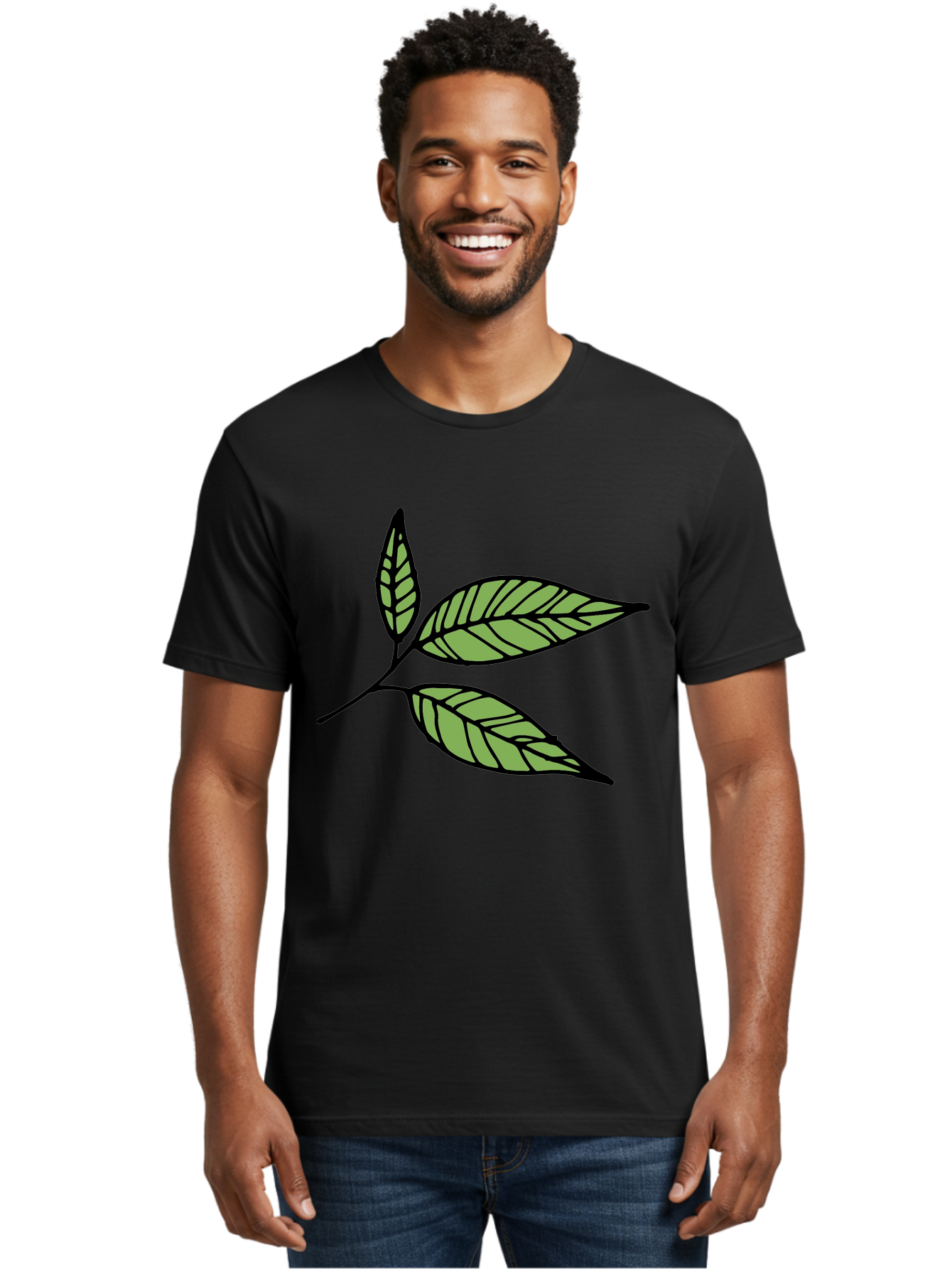 Three-Leaves Men'S Graphic Tee, 100% Cotton, Comfortable Casual Summer Wear, Machine Washable, Simple Leaf Illustration, Minimalist Design, Black Outline, Green Leaves, Leaf Veins, Foliage Artwork, Nature-Inspired Graphics, Aab144
