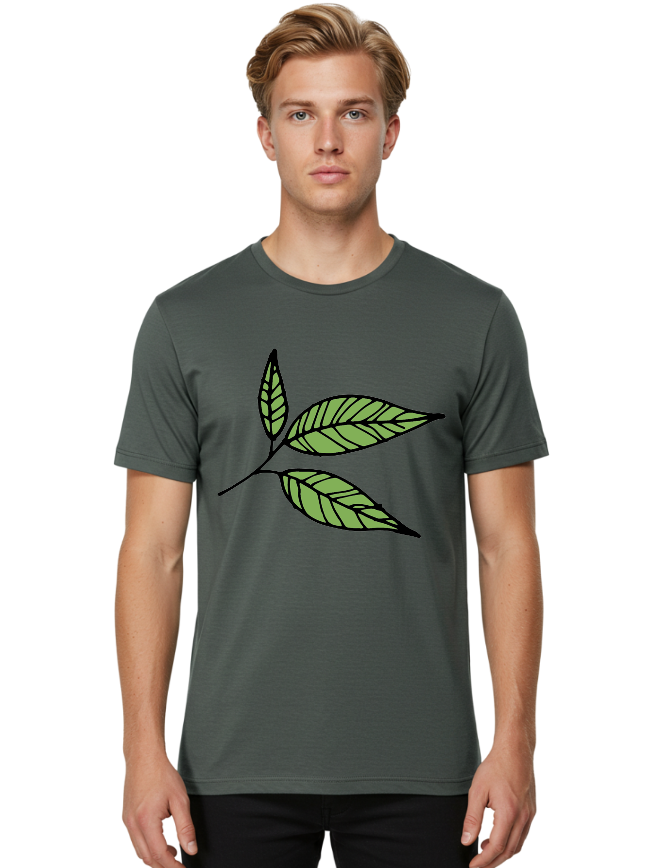 Three-Leaves Men'S Graphic Tee, 100% Cotton, Comfortable Casual Summer Wear, Machine Washable, Simple Leaf Illustration, Minimalist Design, Black Outline, Green Leaves, Leaf Veins, Foliage Artwork, Nature-Inspired Graphics, Aab144