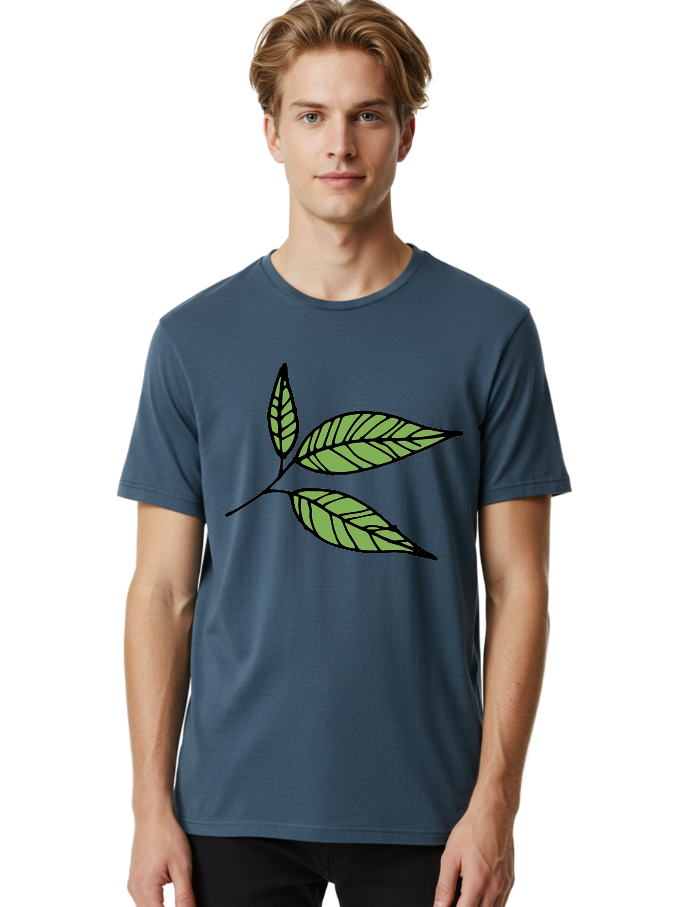 Three-Leaves Men'S Graphic Tee, 100% Cotton, Comfortable Casual Summer Wear, Machine Washable, Simple Leaf Illustration, Minimalist Design, Black Outline, Green Leaves, Leaf Veins, Foliage Artwork, Nature-Inspired Graphics, Aab144