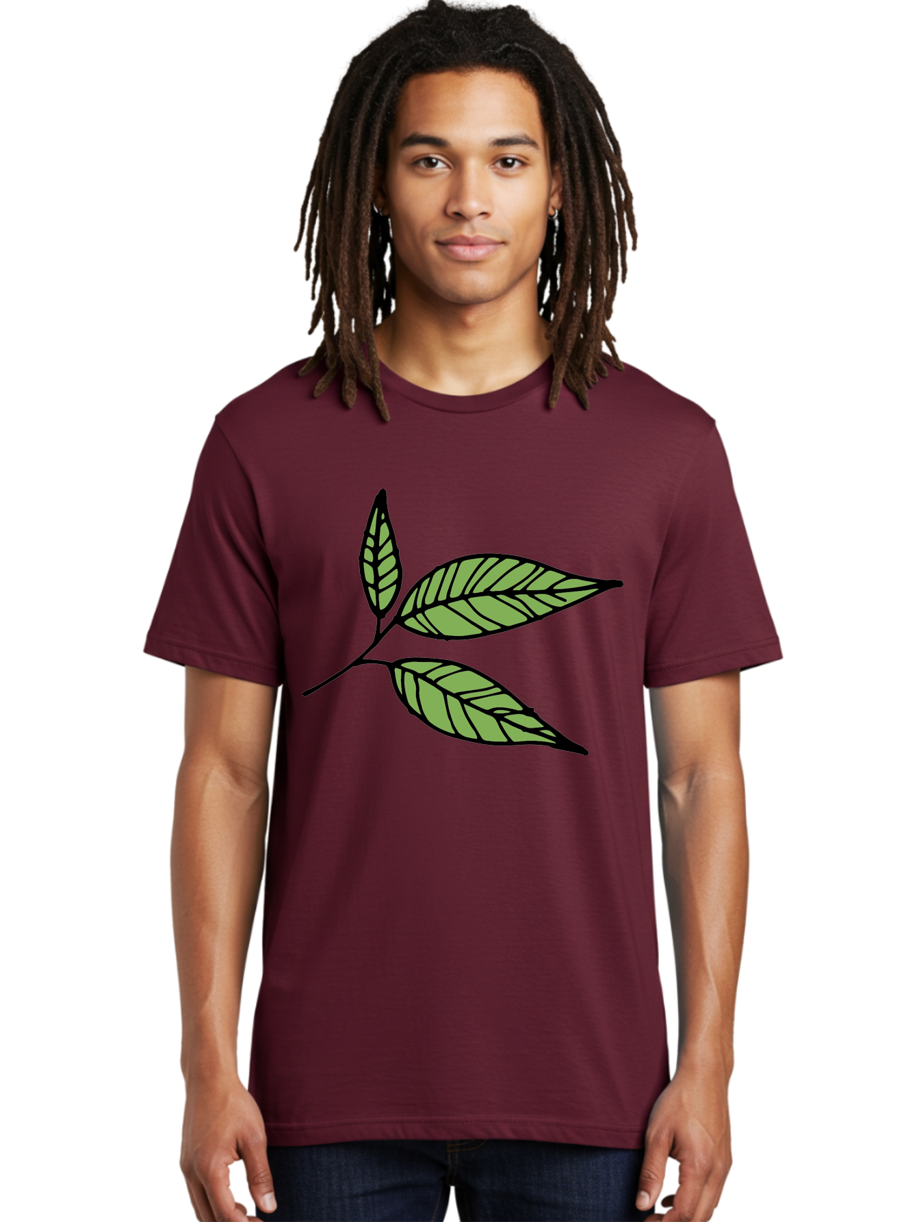 Three-Leaves Men'S Graphic Tee, 100% Cotton, Comfortable Casual Summer Wear, Machine Washable, Simple Leaf Illustration, Minimalist Design, Black Outline, Green Leaves, Leaf Veins, Foliage Artwork, Nature-Inspired Graphics, Aab144