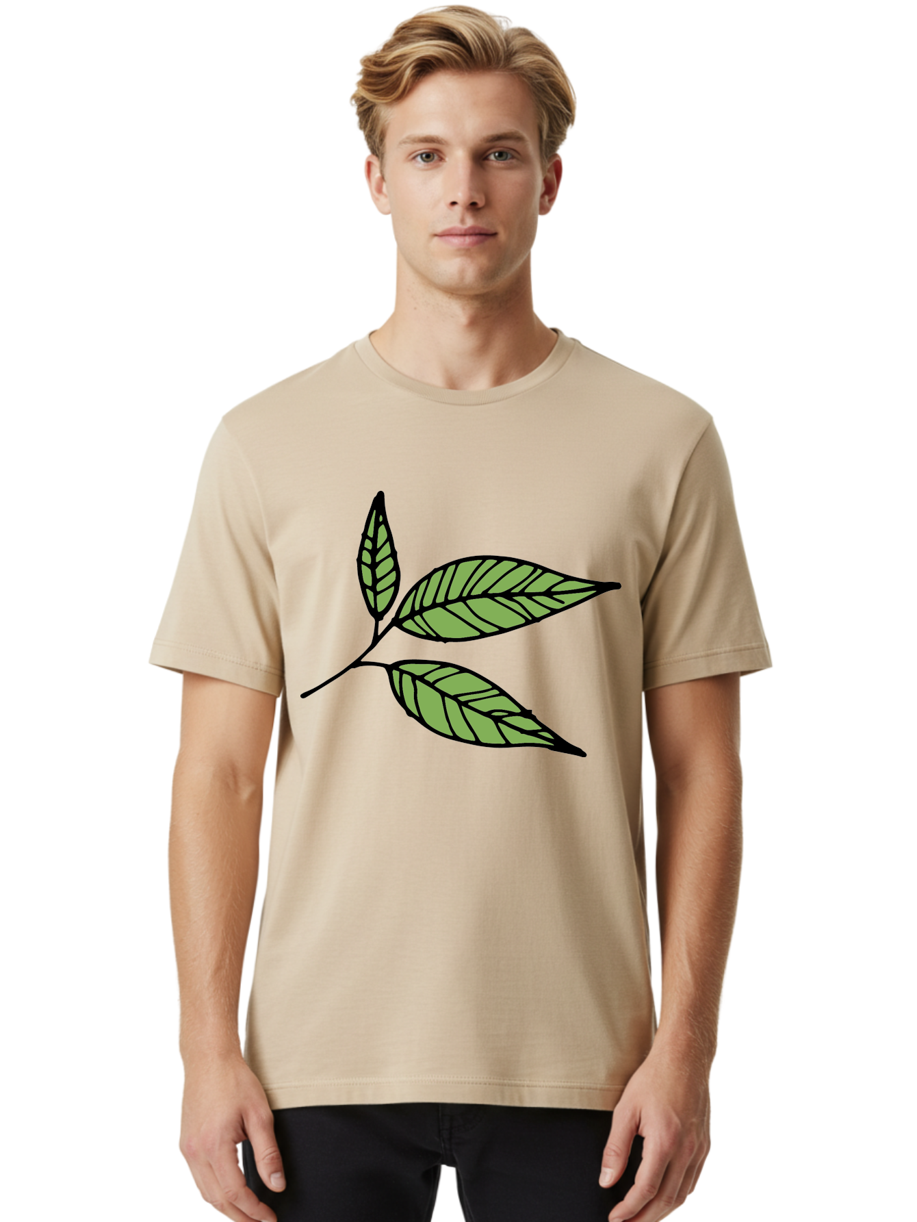 Three-Leaves Men'S Graphic Tee, 100% Cotton, Comfortable Casual Summer Wear, Machine Washable, Simple Leaf Illustration, Minimalist Design, Black Outline, Green Leaves, Leaf Veins, Foliage Artwork, Nature-Inspired Graphics, Aab144