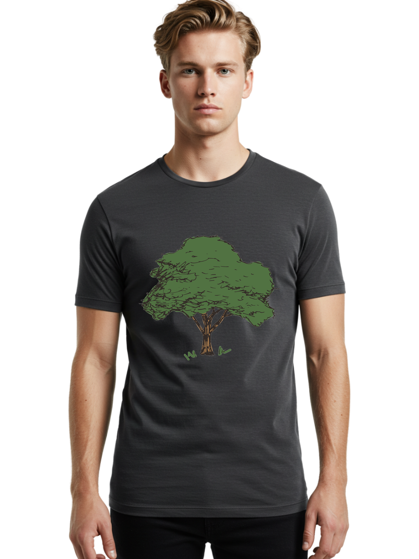 Tree-1 Men'S Graphic Tee, 100% Cotton, Comfortable Casual Summer Wear, Machine Washable, Simple Tree Illustration, Minimalist Design, Dark Green Foliage, Brown Trunk, Simple Branches, Whimsical Art, Digital Drawing, Abstract Tree, Aab147