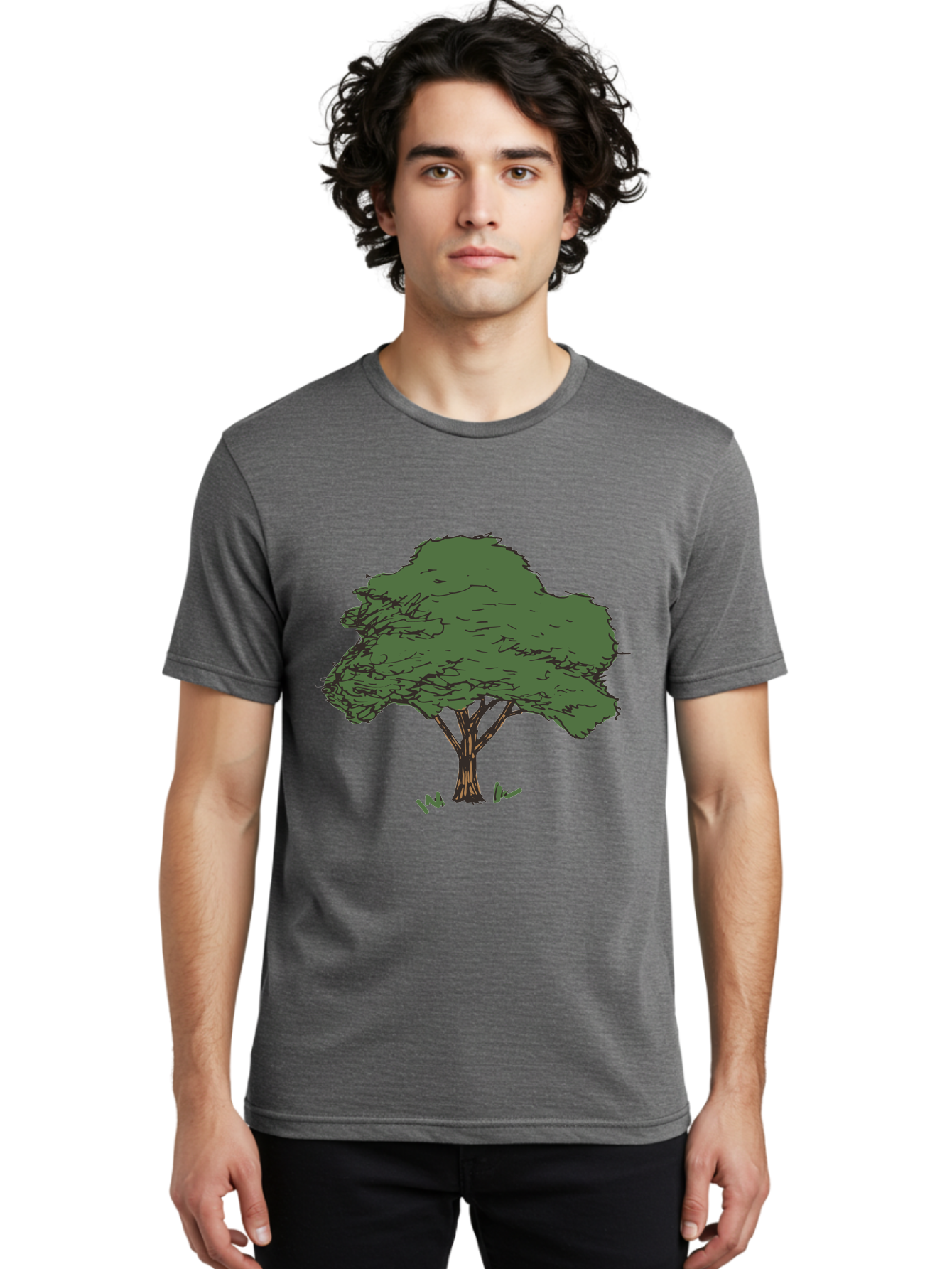 Tree-1 Men'S Graphic Tee, 100% Cotton, Comfortable Casual Summer Wear, Machine Washable, Simple Tree Illustration, Minimalist Design, Dark Green Foliage, Brown Trunk, Simple Branches, Whimsical Art, Digital Drawing, Abstract Tree, Aab147