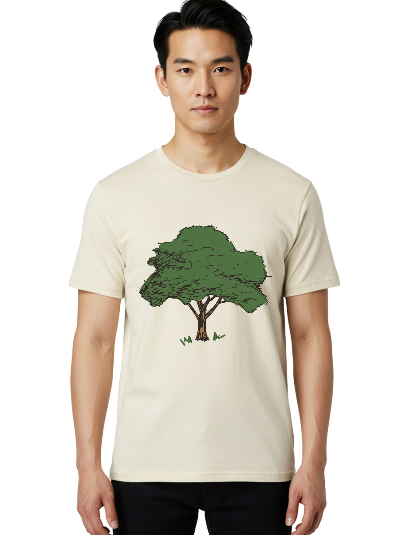 Tree-1 Men'S Graphic Tee, 100% Cotton, Comfortable Casual Summer Wear, Machine Washable, Simple Tree Illustration, Minimalist Design, Dark Green Foliage, Brown Trunk, Simple Branches, Whimsical Art, Digital Drawing, Abstract Tree, Aab147