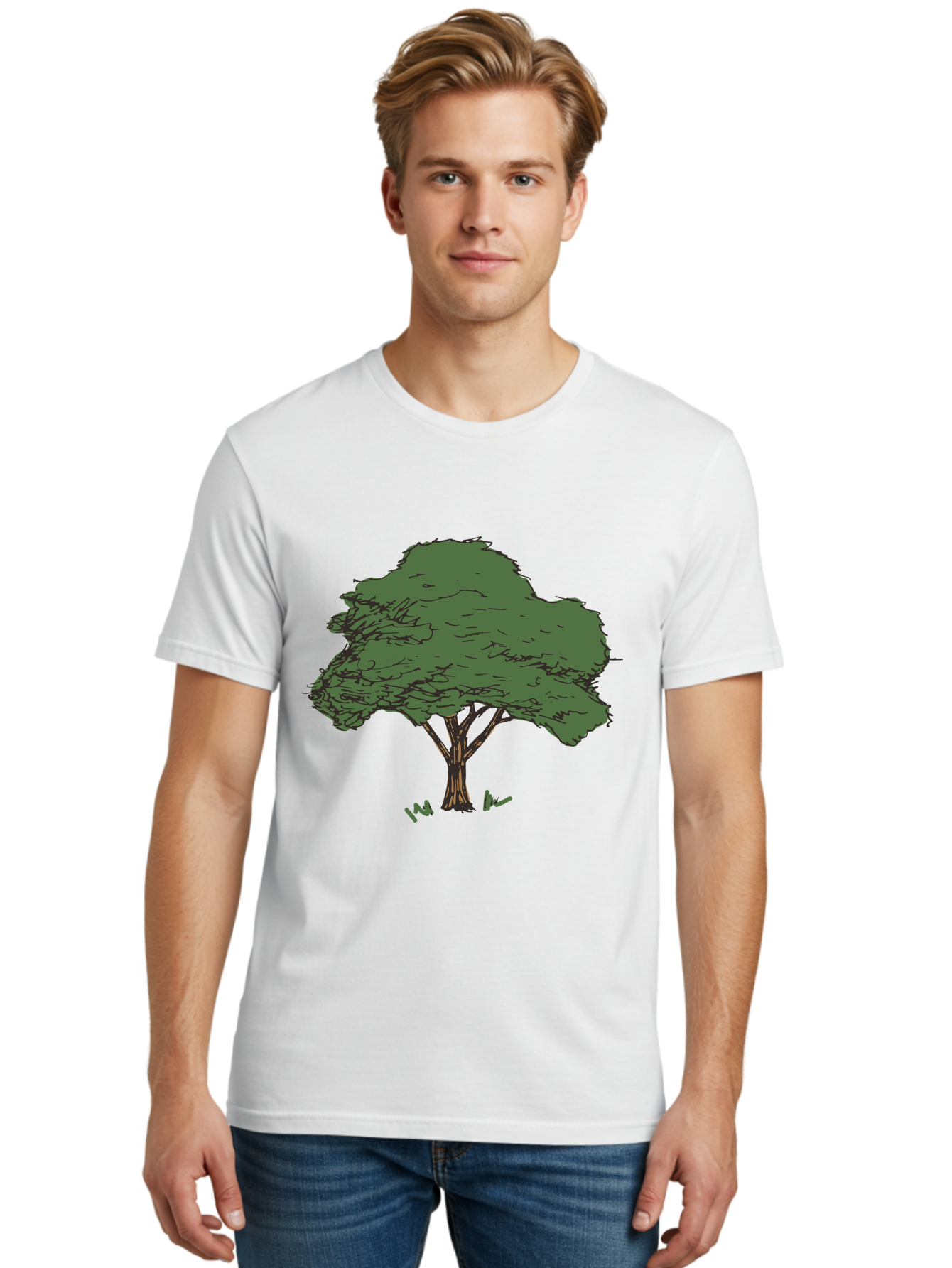 Tree-1 Men'S Graphic Tee, 100% Cotton, Comfortable Casual Summer Wear, Machine Washable, Simple Tree Illustration, Minimalist Design, Dark Green Foliage, Brown Trunk, Simple Branches, Whimsical Art, Digital Drawing, Abstract Tree, Aab147