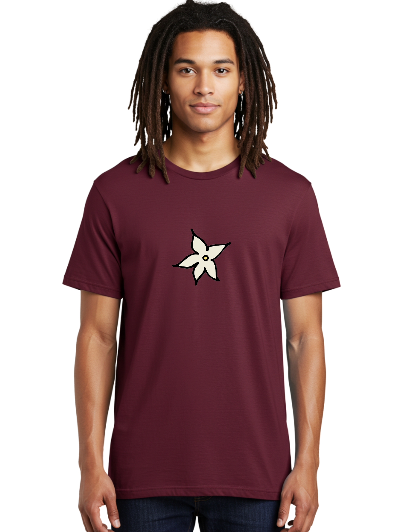 White-Flower-2 Men'S Graphic Tee, 100% Cotton, Comfortable Casual Summer Wear, Machine Washable, White Flower, Simple Design, Minimalist Art, Five Petals, Black Outline, Yellow Center, Delicate Illustration, Floral Motif Aab161