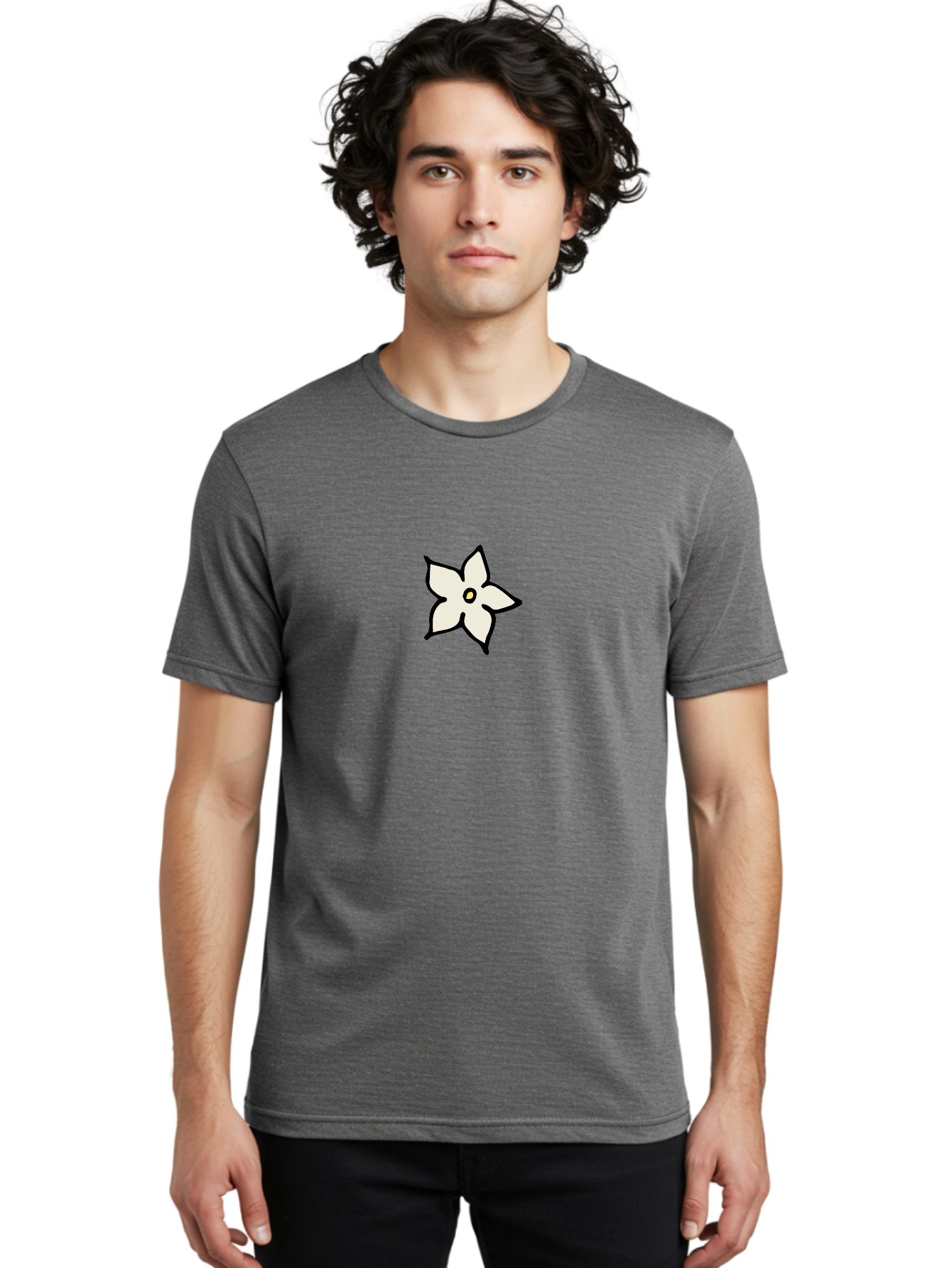 White-Flower Men'S Graphic Tee, 100% Cotton, Comfortable Casual Summer Wear, Machine Washable, Simple White Flower, Minimalist Design, Five-Petaled Flower, Black Outline, Centered Composition, Floral Icon, Cartoon-Style Flower, Simple Graphics Aab162