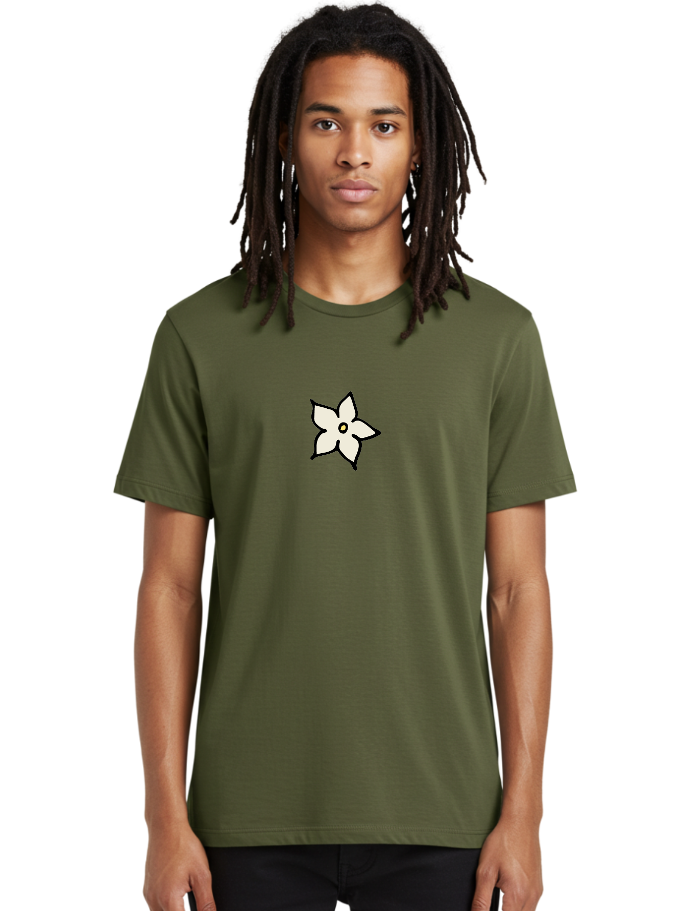 White-Flower Men'S Graphic Tee, 100% Cotton, Comfortable Casual Summer Wear, Machine Washable, Simple White Flower, Minimalist Design, Five-Petaled Flower, Black Outline, Centered Composition, Floral Icon, Cartoon-Style Flower, Simple Graphics Aab162