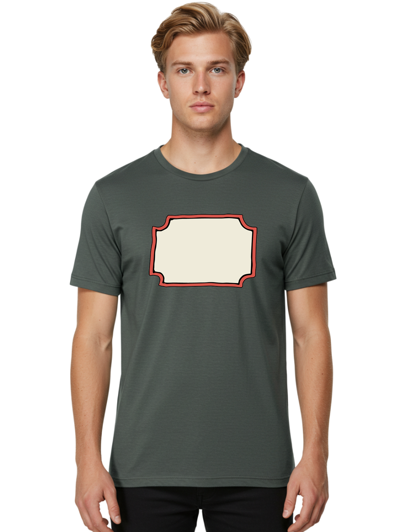 White-Label Men'S Graphic Tee, 100% Cotton, Comfortable Casual Summer Wear, Machine Washable, Blank Sign, Empty Sign, Red Border, White Background, Simple Design, Graphic Element, Customizable Template, Placeholder Text, Signage Mockup Aab163