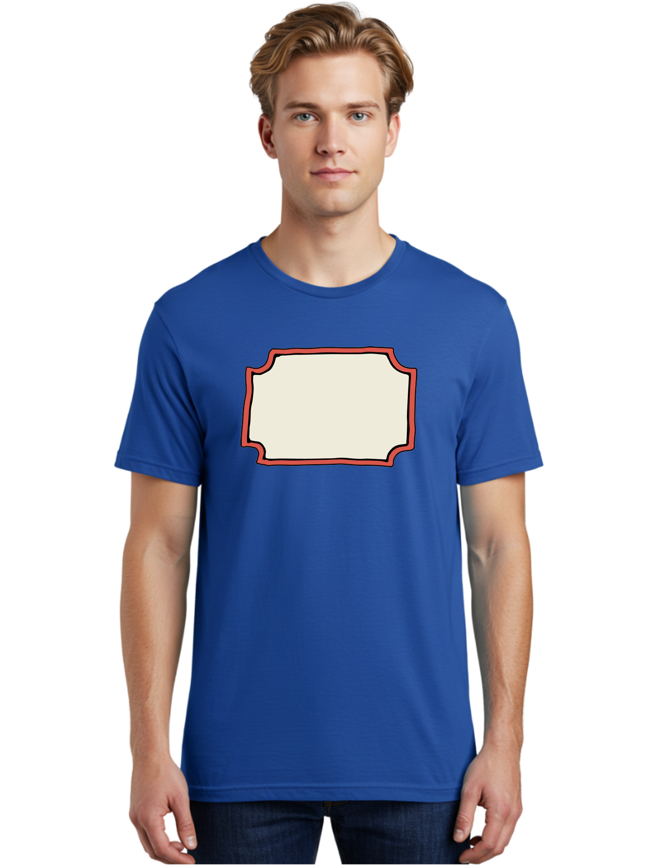 White-Label Men'S Graphic Tee, 100% Cotton, Comfortable Casual Summer Wear, Machine Washable, Blank Sign, Empty Sign, Red Border, White Background, Simple Design, Graphic Element, Customizable Template, Placeholder Text, Signage Mockup Aab163