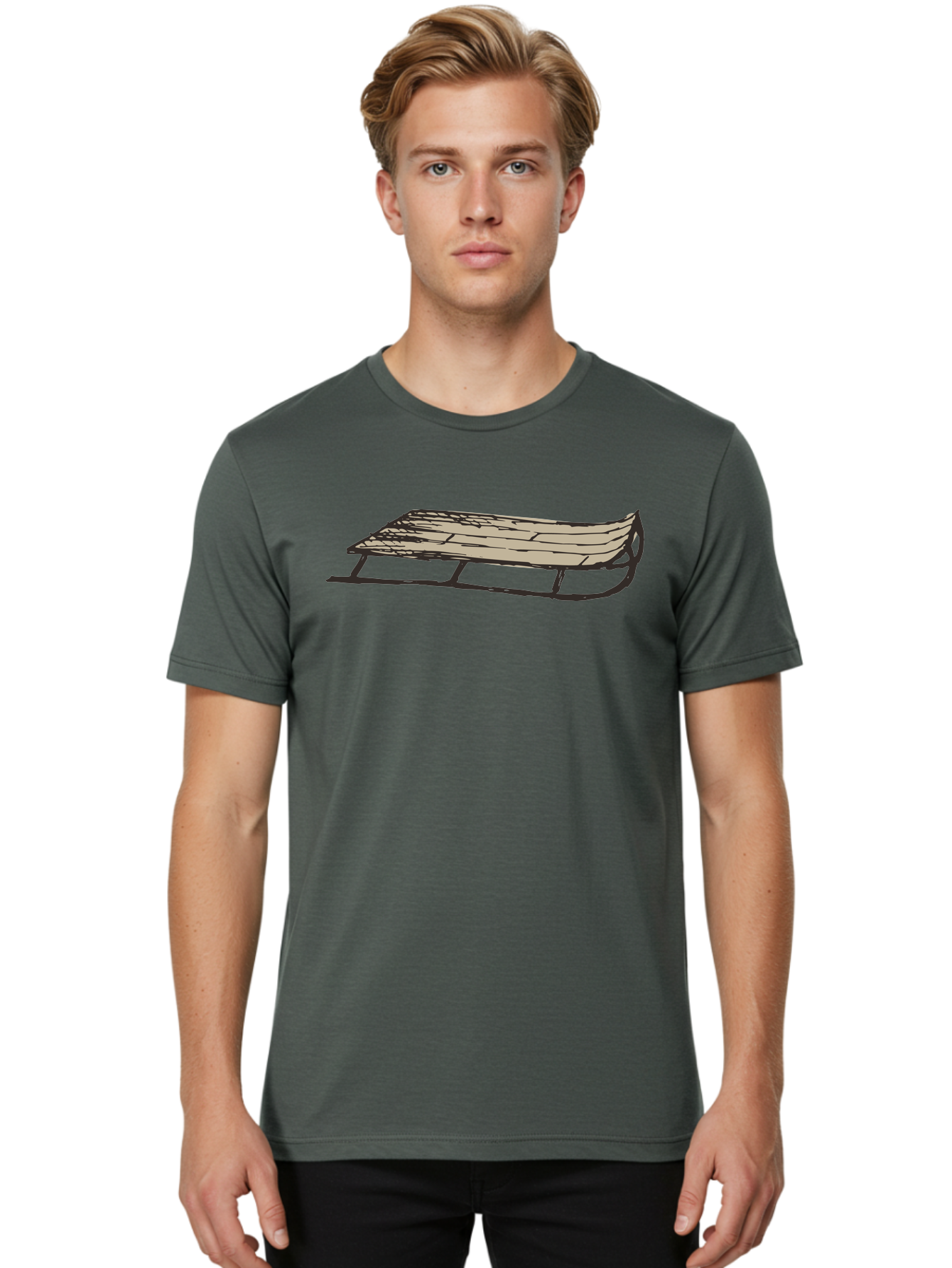 Wooden-Sled Men'S Graphic Tee, 100% Cotton, Comfortable Casual Summer Wear, Machine Washable, Vintage Sled, Wooden Slats, Metal Runners, Winter Fun, Outdoor Play, Cartoon Style, Simple Design, Nostalgic Feel, Retro Illustration, Aab174