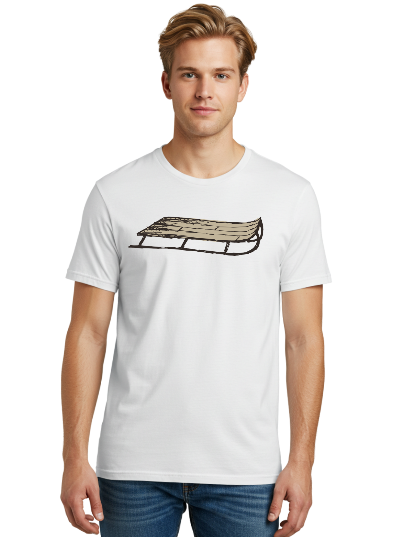 Wooden-Sled Men'S Graphic Tee, 100% Cotton, Comfortable Casual Summer Wear, Machine Washable, Vintage Sled, Wooden Slats, Metal Runners, Winter Fun, Outdoor Play, Cartoon Style, Simple Design, Nostalgic Feel, Retro Illustration, Aab174