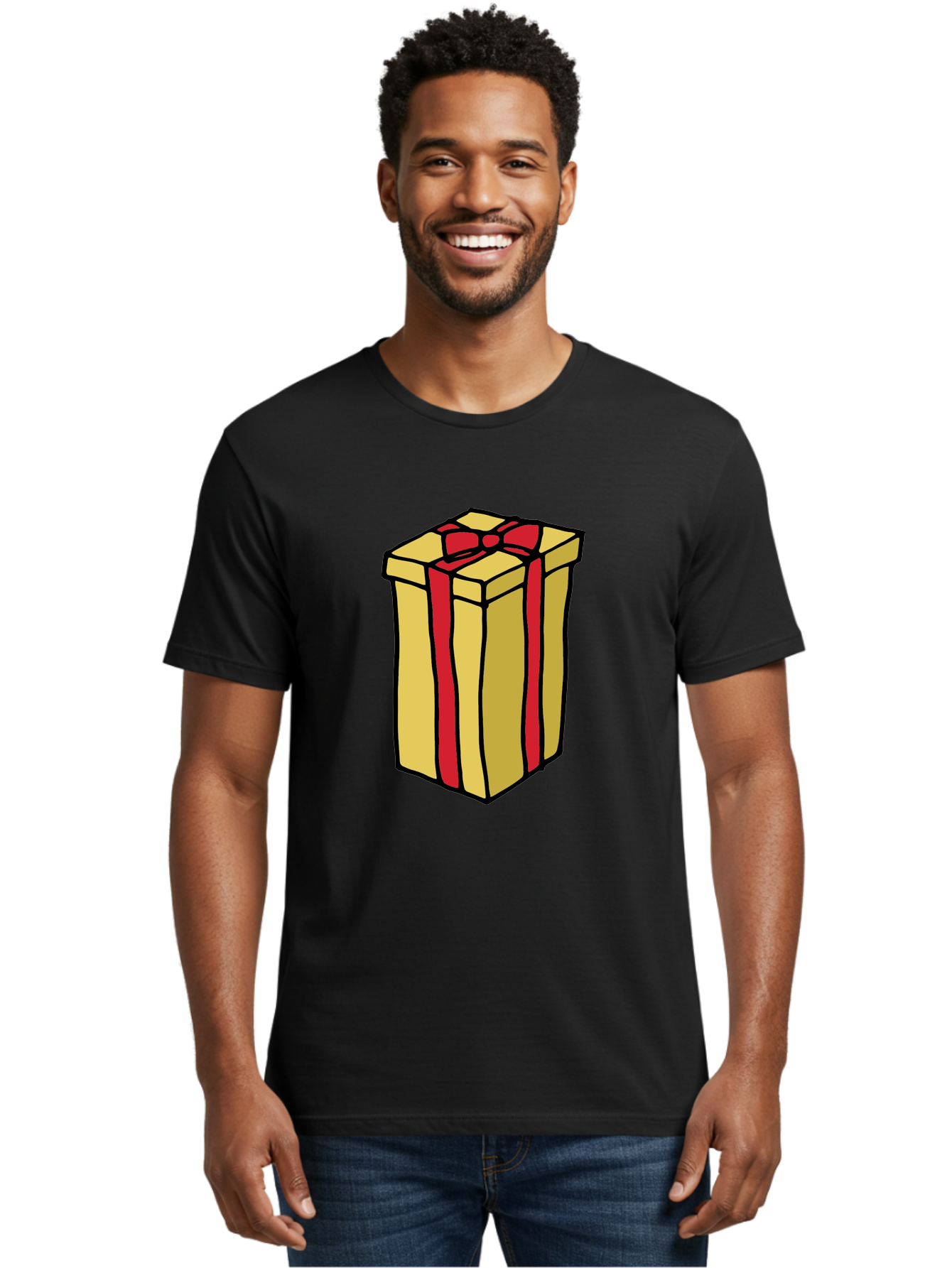 Wrapped-Gift-Box Men'S Graphic Tee, 100% Cotton, Comfortable Casual Summer Wear, Machine Washable, Gift Box, Wrapped Present, Red Ribbon, Gold Wrapping, Present, Gift, Holiday Gift, Birthday Present, Celebration Gift Aab175