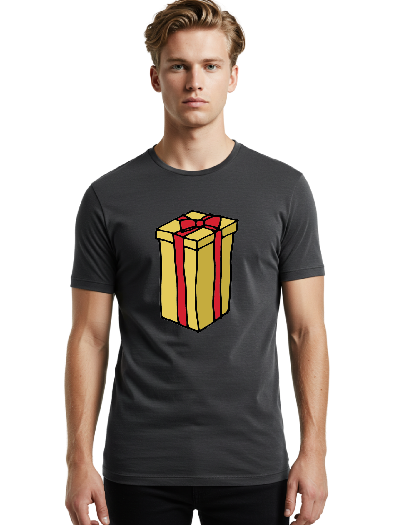 Wrapped-Gift-Box Men'S Graphic Tee, 100% Cotton, Comfortable Casual Summer Wear, Machine Washable, Gift Box, Wrapped Present, Red Ribbon, Gold Wrapping, Present, Gift, Holiday Gift, Birthday Present, Celebration Gift Aab175