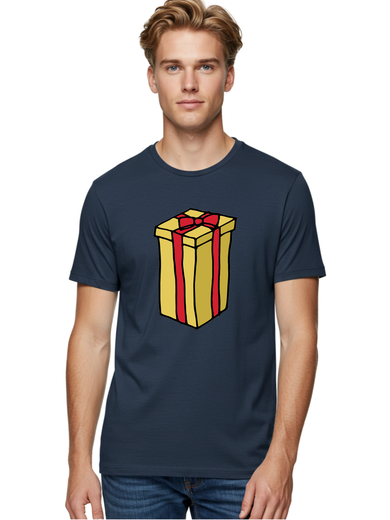 Wrapped-Gift-Box Men'S Graphic Tee, 100% Cotton, Comfortable Casual Summer Wear, Machine Washable, Gift Box, Wrapped Present, Red Ribbon, Gold Wrapping, Present, Gift, Holiday Gift, Birthday Present, Celebration Gift Aab175