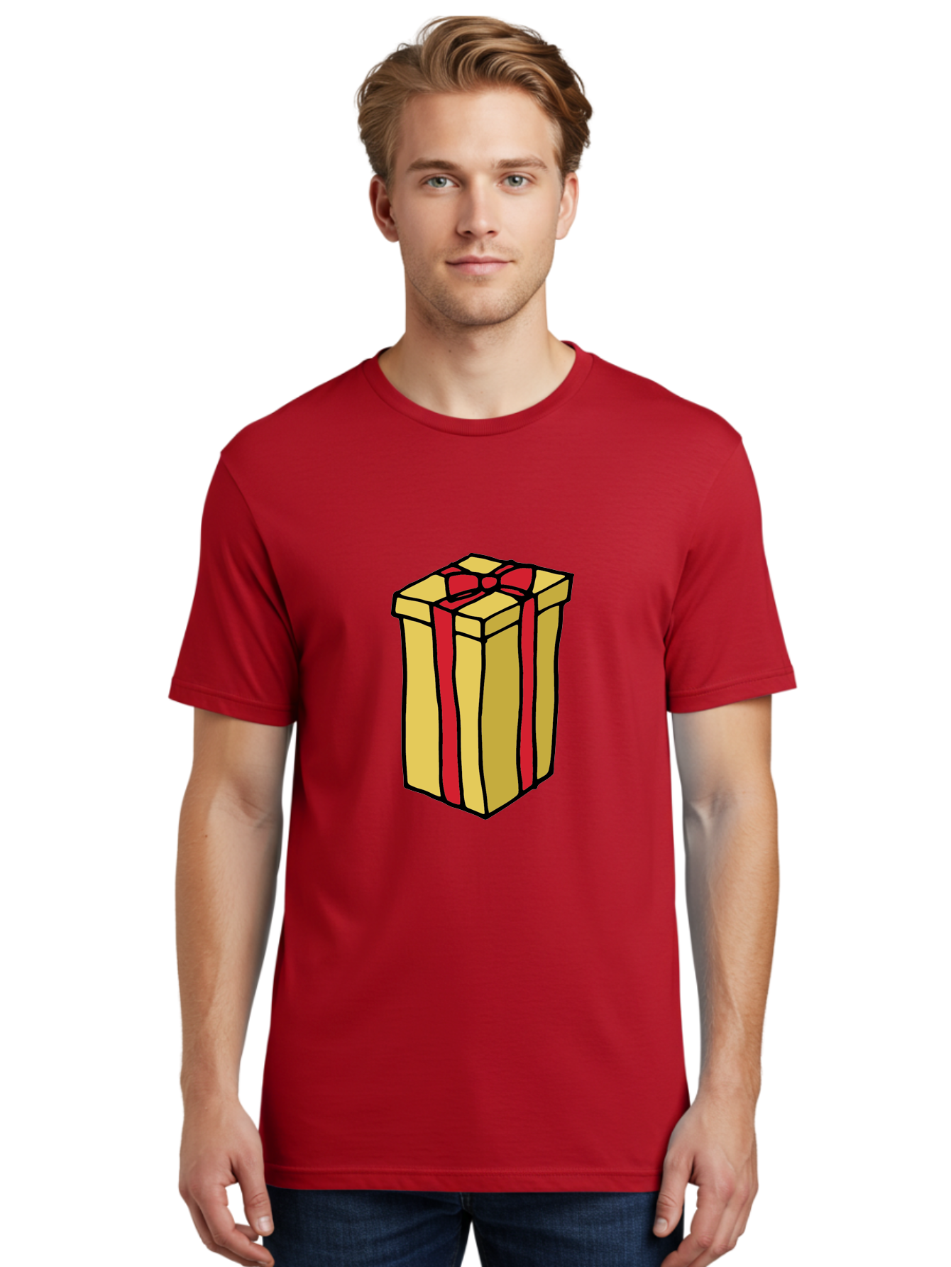Wrapped-Gift-Box Men'S Graphic Tee, 100% Cotton, Comfortable Casual Summer Wear, Machine Washable, Gift Box, Wrapped Present, Red Ribbon, Gold Wrapping, Present, Gift, Holiday Gift, Birthday Present, Celebration Gift Aab175