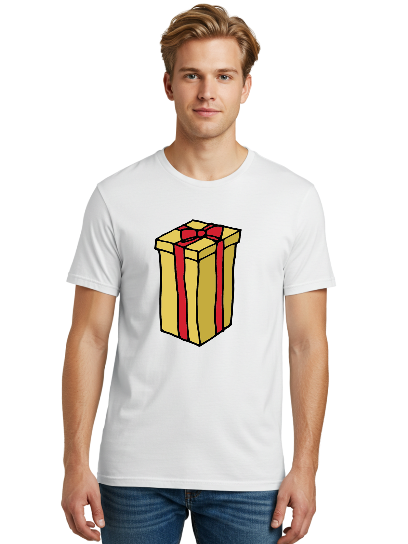 Wrapped-Gift-Box Men'S Graphic Tee, 100% Cotton, Comfortable Casual Summer Wear, Machine Washable, Gift Box, Wrapped Present, Red Ribbon, Gold Wrapping, Present, Gift, Holiday Gift, Birthday Present, Celebration Gift Aab175