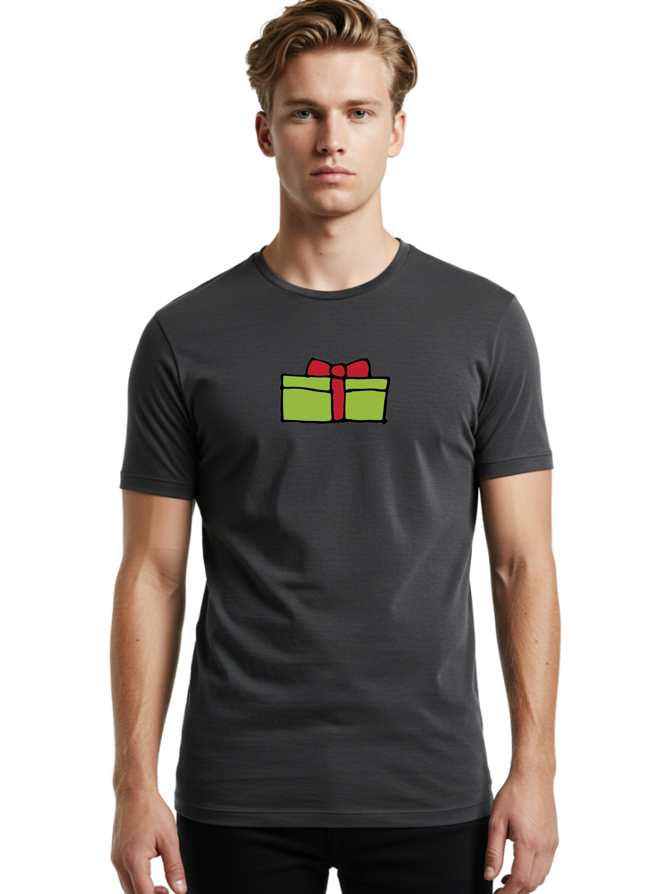 Wrapped-Gift Men'S Graphic Tee, 100% Cotton, Comfortable Casual Summer Wear, Machine Washable, Wrapped Gift, Red Bow, Festive Present, Holiday Season, Gift Giving, Celebration, Cartoon Illustration, Simple Design, Minimalist Art Aab176