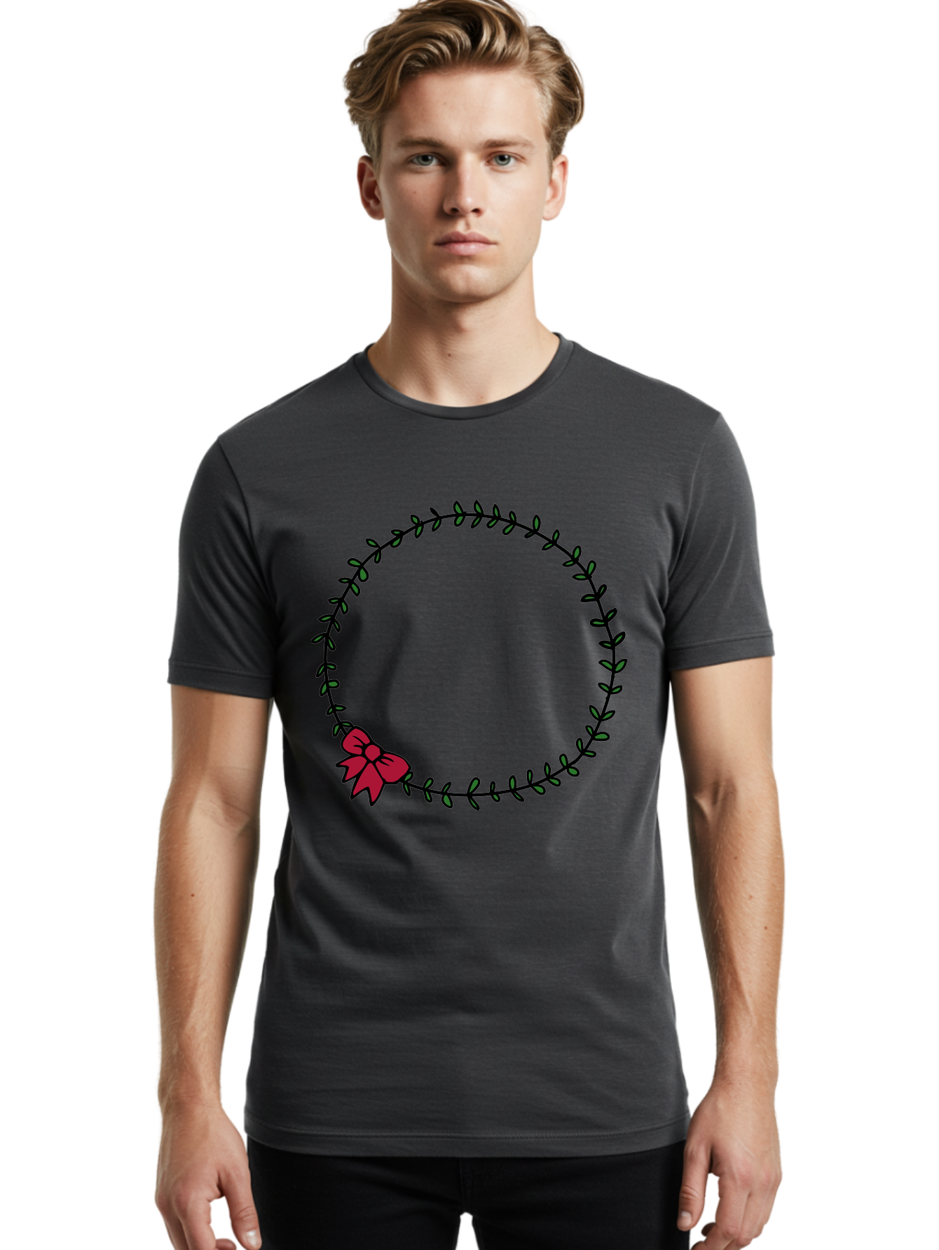 Wreath-With-Bow Men'S Graphic Tee, 100% Cotton, Comfortable Casual Summer Wear, Machine Washable, Floral Wreath, Circular Frame, Red Bow, Black Leaves, Decorative Border, Elegant Design, Minimalist Style, Festive Atmosphere Aab177
