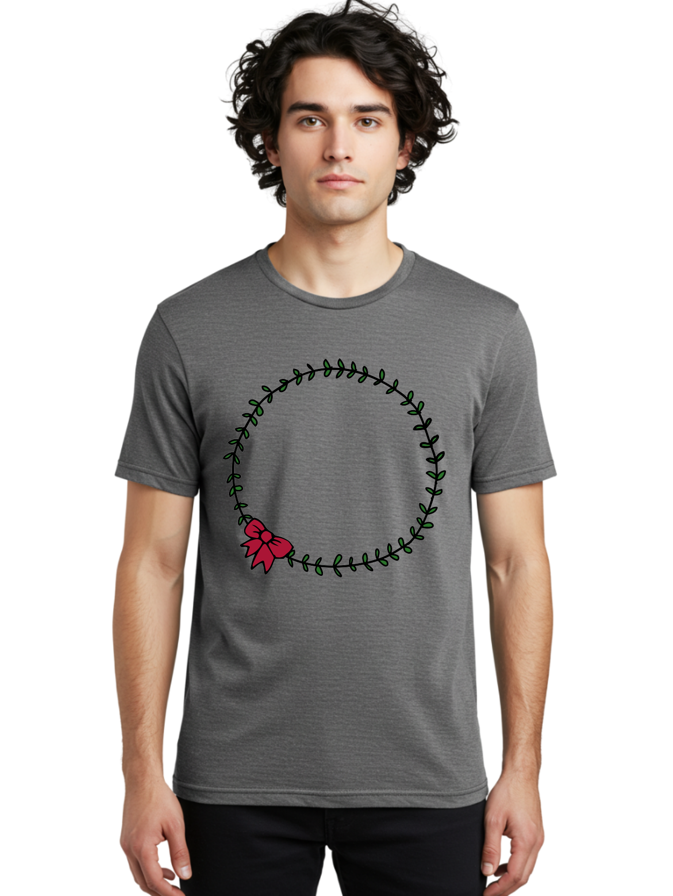 Wreath-With-Bow Men'S Graphic Tee, 100% Cotton, Comfortable Casual Summer Wear, Machine Washable, Floral Wreath, Circular Frame, Red Bow, Black Leaves, Decorative Border, Elegant Design, Minimalist Style, Festive Atmosphere Aab177