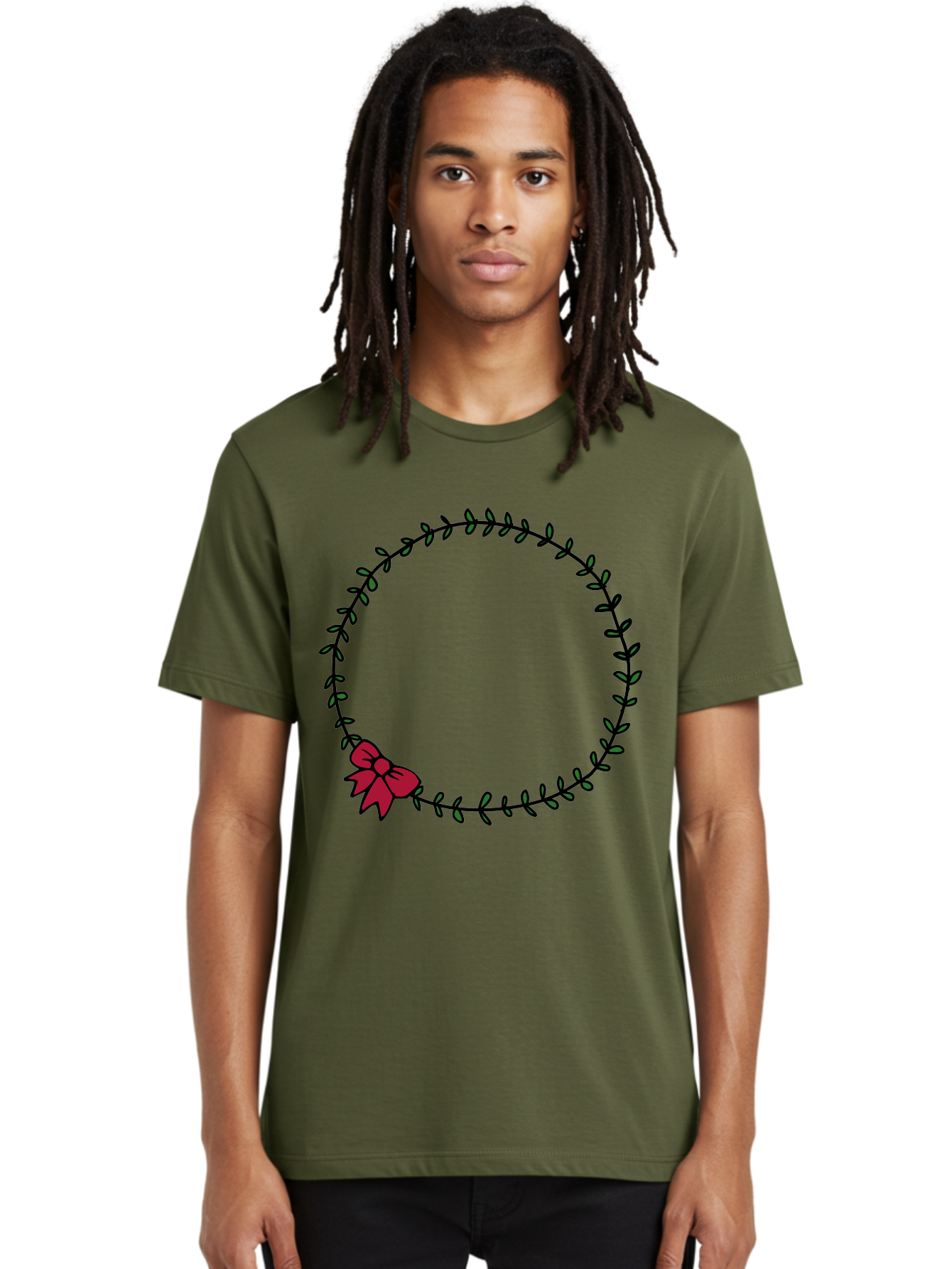 Wreath-With-Bow Men'S Graphic Tee, 100% Cotton, Comfortable Casual Summer Wear, Machine Washable, Floral Wreath, Circular Frame, Red Bow, Black Leaves, Decorative Border, Elegant Design, Minimalist Style, Festive Atmosphere Aab177