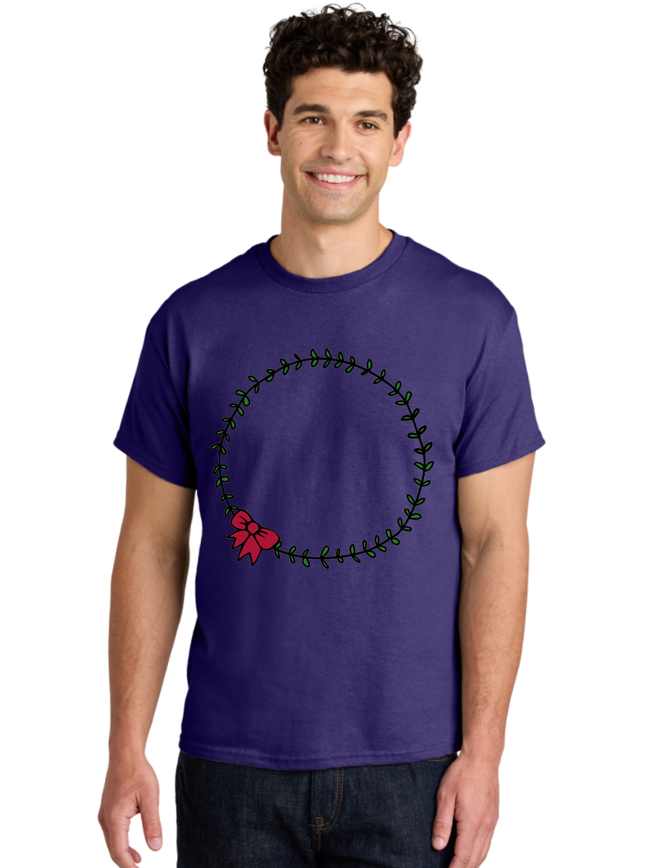 Wreath-With-Bow Men'S Graphic Tee, 100% Cotton, Comfortable Casual Summer Wear, Machine Washable, Floral Wreath, Circular Frame, Red Bow, Black Leaves, Decorative Border, Elegant Design, Minimalist Style, Festive Atmosphere Aab177