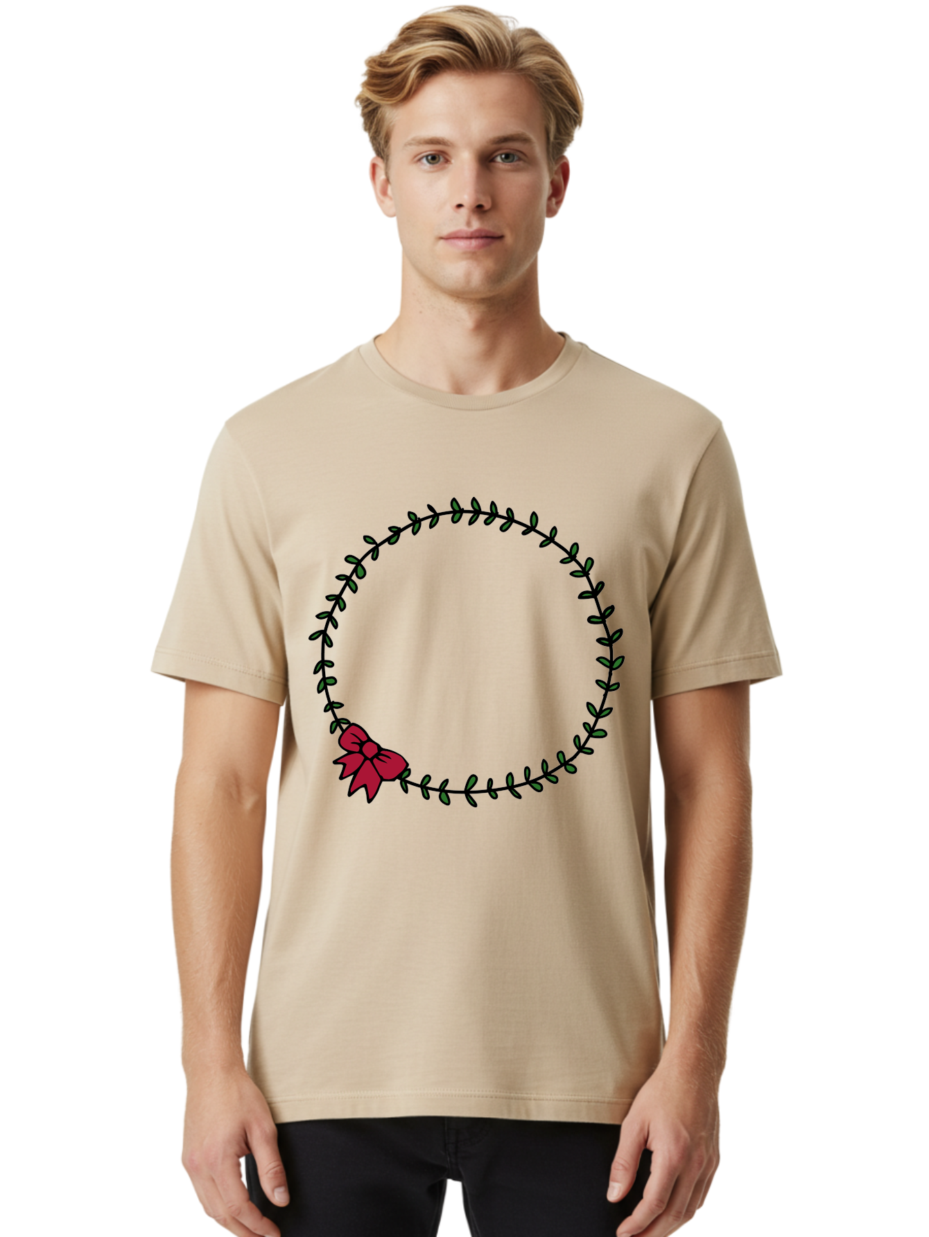 Wreath-With-Bow Men'S Graphic Tee, 100% Cotton, Comfortable Casual Summer Wear, Machine Washable, Floral Wreath, Circular Frame, Red Bow, Black Leaves, Decorative Border, Elegant Design, Minimalist Style, Festive Atmosphere Aab177