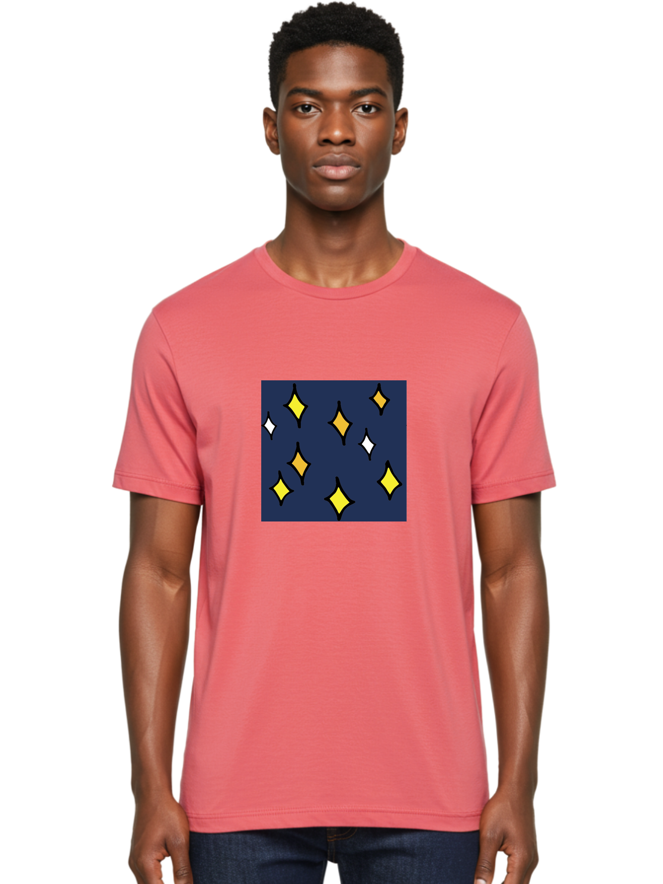 Yellow-Diamonds Men'S Graphic Tee, 100% Cotton, Comfortable Casual Summer Wear, Machine Washable, Diamond Shapes, Yellow And White Diamonds, Dark Blue Background, Abstract Design, Modern Art, Minimalist Style, Geometric Pattern, Aab180