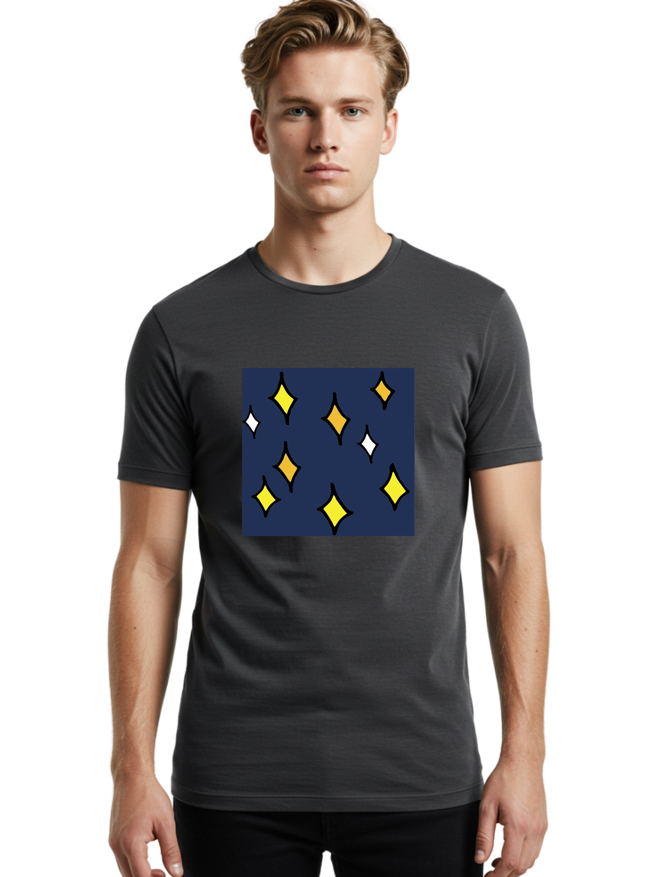 Yellow-Diamonds Men'S Graphic Tee, 100% Cotton, Comfortable Casual Summer Wear, Machine Washable, Diamond Shapes, Yellow And White Diamonds, Dark Blue Background, Abstract Design, Modern Art, Minimalist Style, Geometric Pattern, Aab180