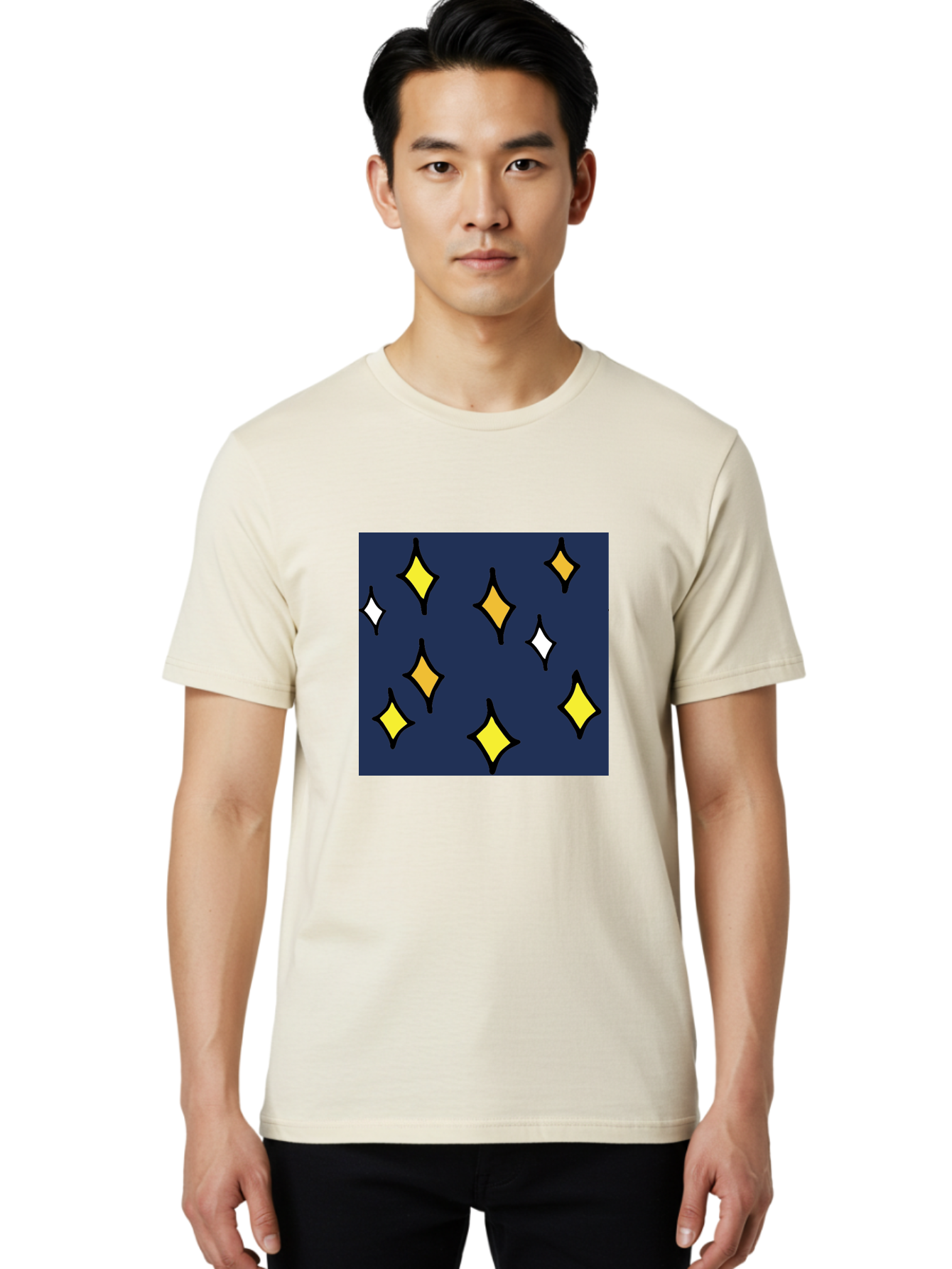 Yellow-Diamonds Men'S Graphic Tee, 100% Cotton, Comfortable Casual Summer Wear, Machine Washable, Diamond Shapes, Yellow And White Diamonds, Dark Blue Background, Abstract Design, Modern Art, Minimalist Style, Geometric Pattern, Aab180